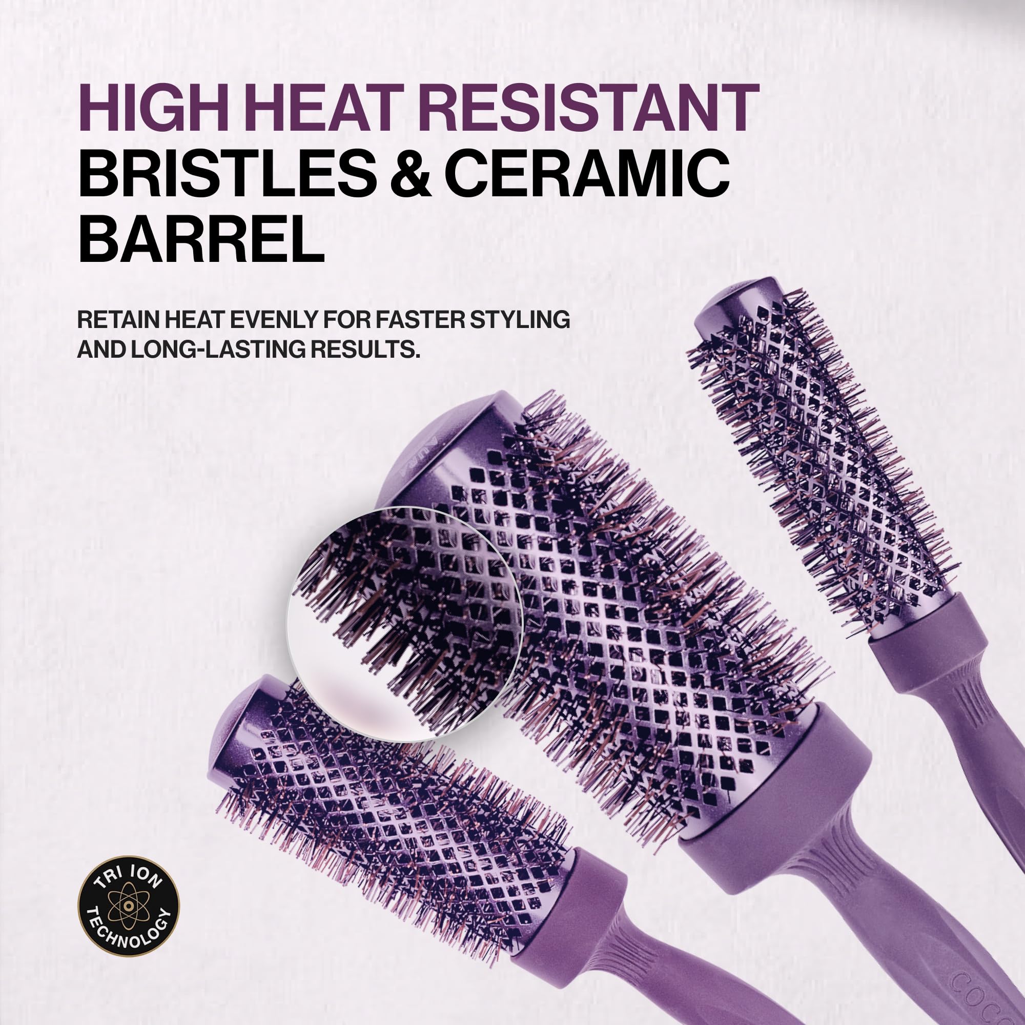 COCCO Aura Brush - Juego de cepillos redondos y de cerámica para mujer, secado y control del encrespamiento, cerdas de turmalina, agarre ergonómico, juego de peinado completo, color morado
