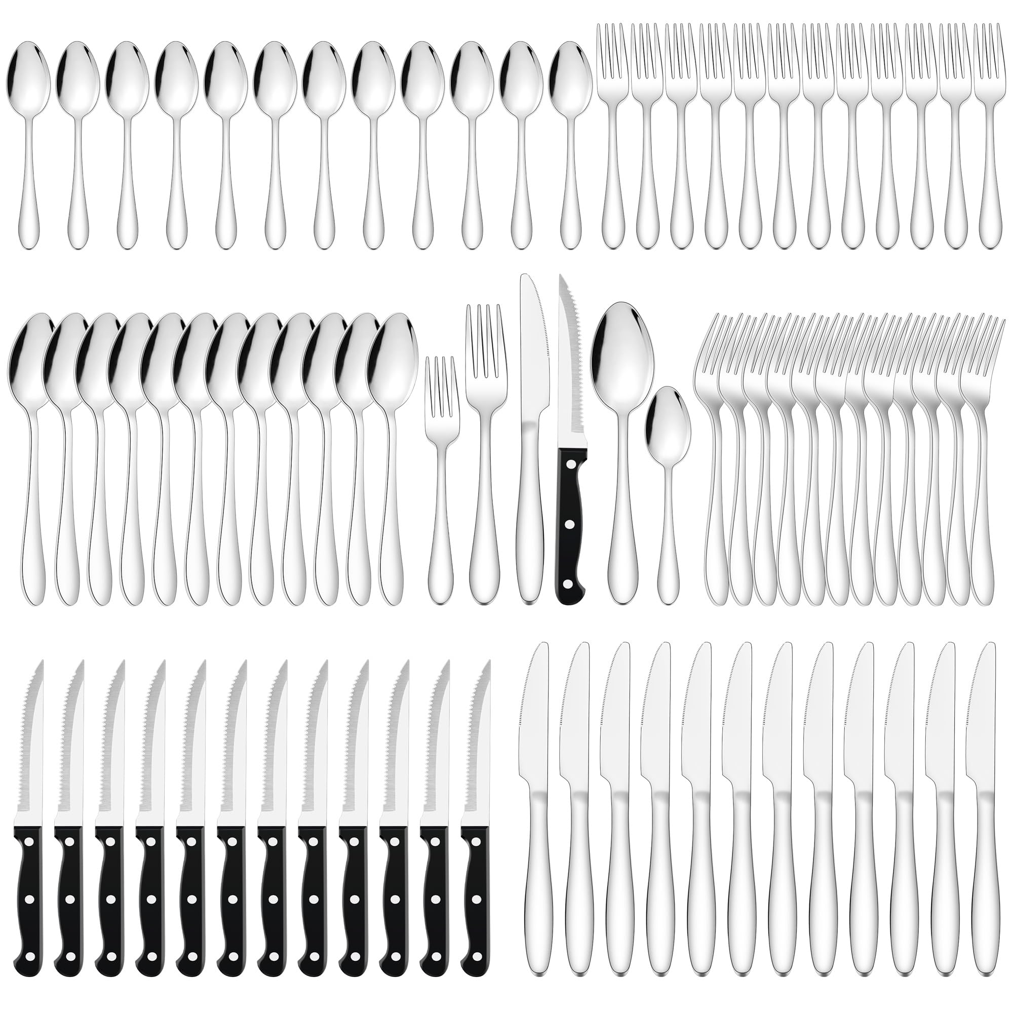 Joyfair Juego de cubiertos de acero inoxidable de 72 piezas con cuchillo de carne
