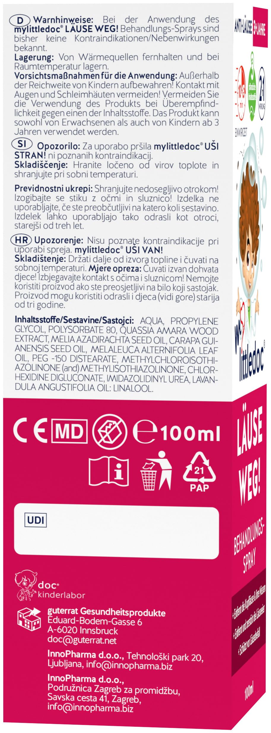 mylittledoc LÄUSE WEG! Behandlungs-Spray 100ml | Zur Behandlung von Kopfläusen und zur Vorbeugung | Für Erwachsene und Kinder ab 3 Jahren geeignet