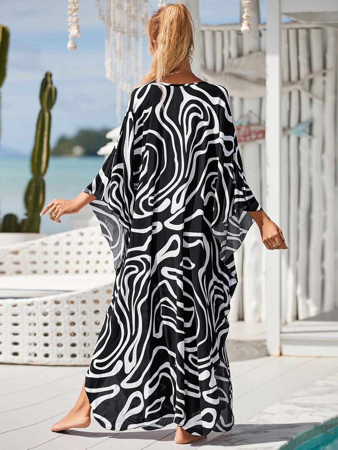 Kaftan Dresses for Women Plus Size Lightweight Swimsuit Cover up Batwing Sleeve Print Loungewear Beach Robe - Image 6