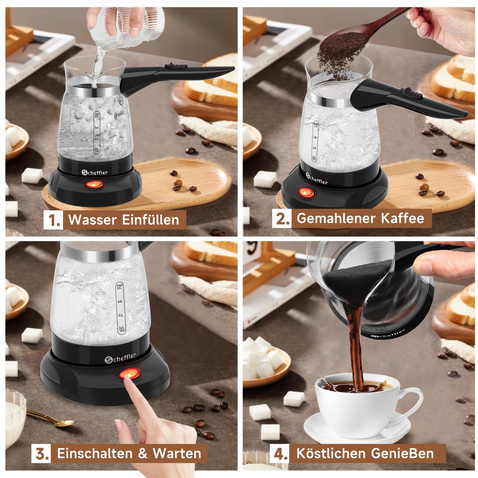 SCHEFFLER Turecki ekspres do kawy, elektryczny zaparzacz do kawy 500 ml, mokka, dzbanek do kawy, indukcyjny z zabezpieczeniem przed przegrzaniem, stal nierdzewna 304, szkło, Turkish Coffee Maker do