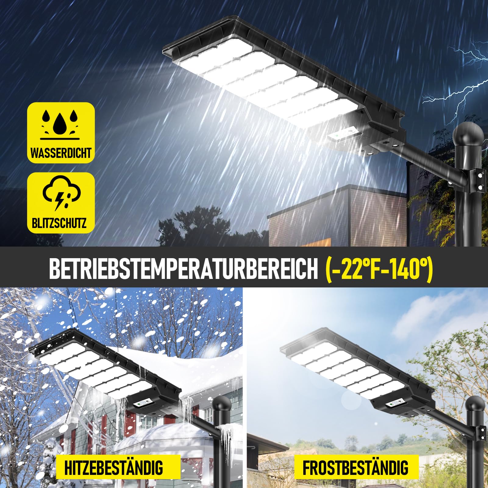 Zewnętrzna lampa uliczna solarna 600 W z czujnikiem ruchu i zdalnym sterowaniem, 576 diod LED 6500K, IP65, wodoodporny, 3 inteligentne tryby