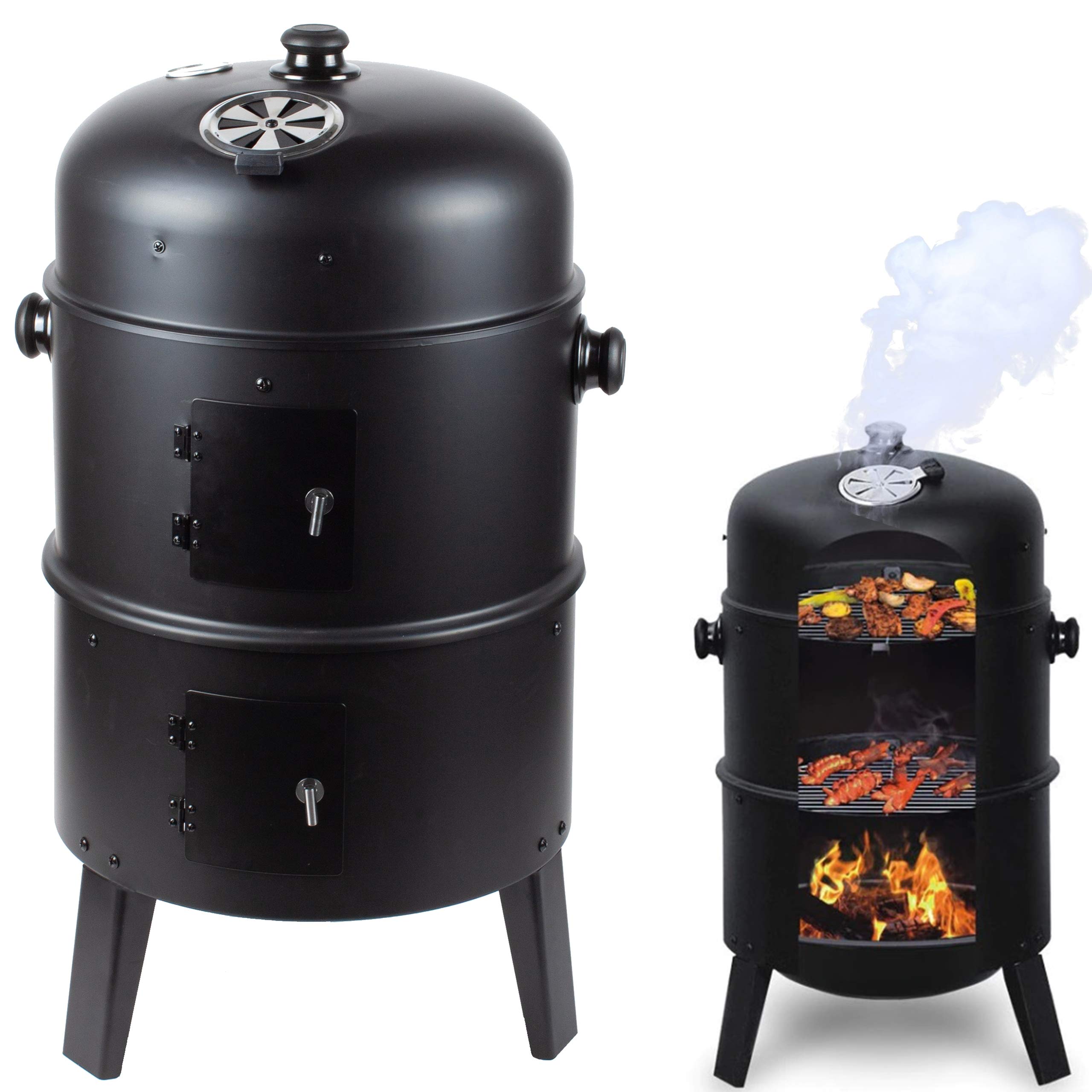 GrillMaster Grill Węglowy SmokeHouse GM8000 + Wędzarnia + Termometr, Ogrodowy, Wędzenie, Gotowanie na Parze, Dwie Misy, Funkcja Paleniska