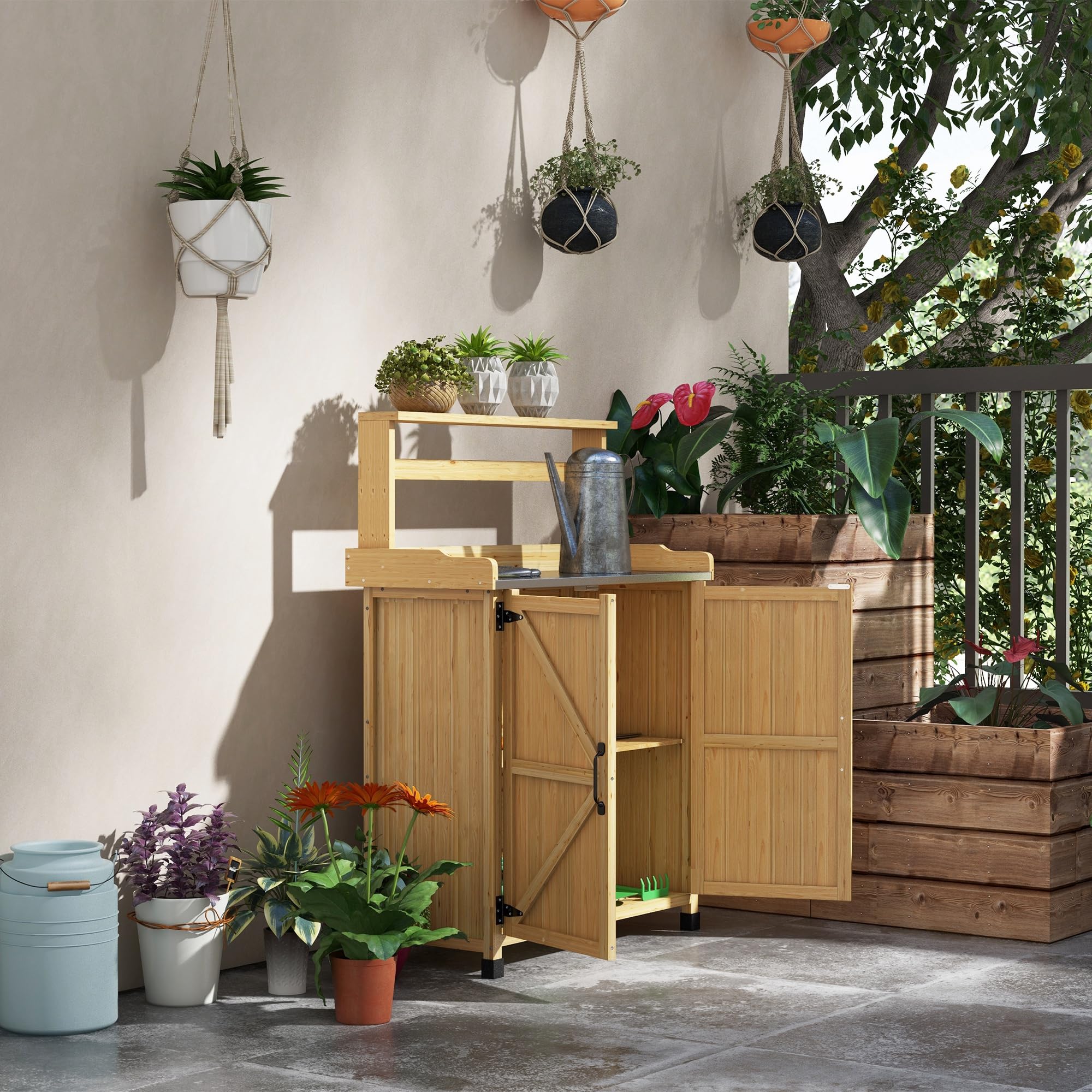Outsunny - Mesa de jardinería estilo rústico con armario y estantes y bandeja galvanizada, patines antideslizantes de madera de abeto pre-engrasado dim. 90,5 x 41 x 124,5 cm, color amarillo