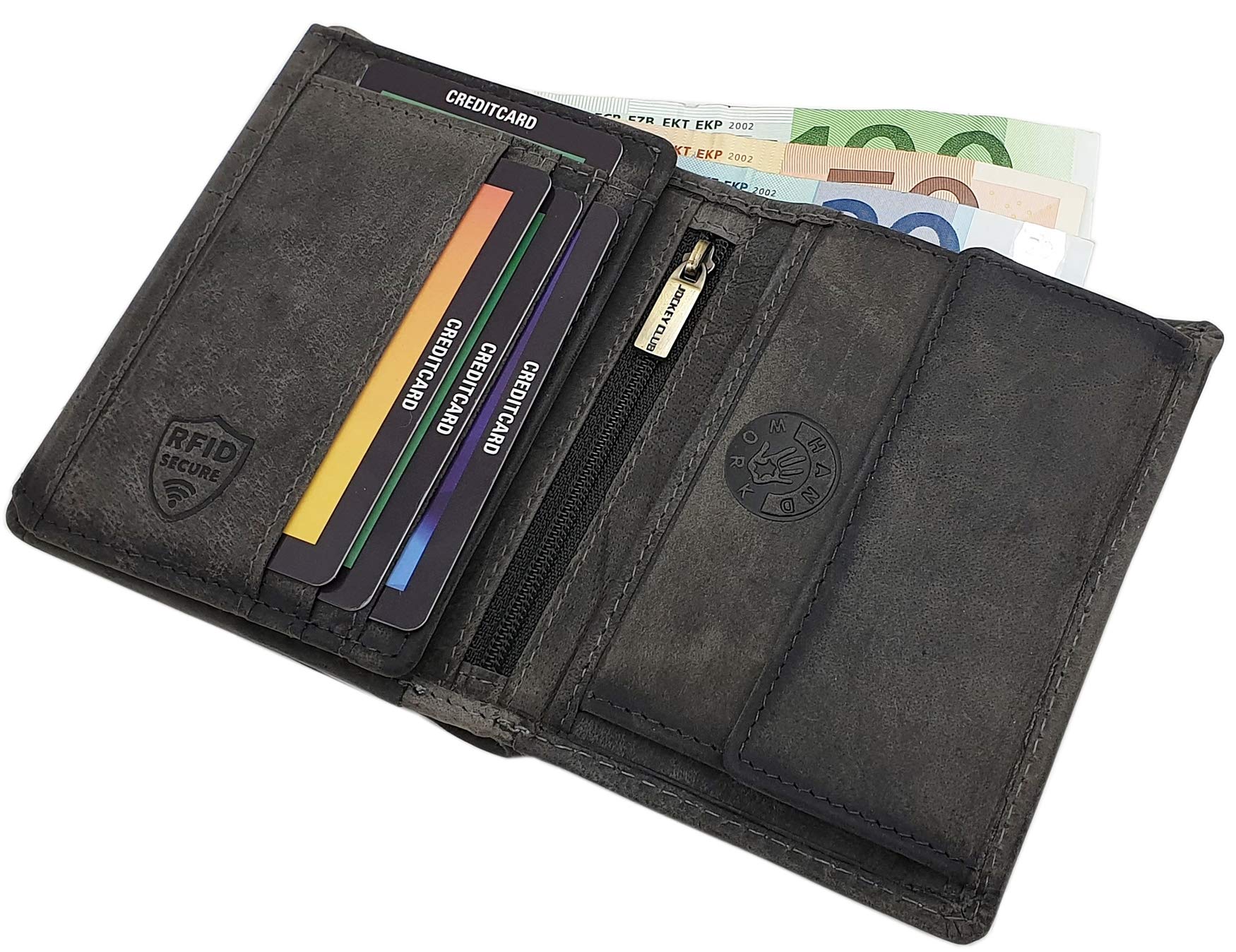Cuero de búfalo Motero Monedero con Cadena metálica con Calavera Motivo con Bloqueo RFID y NFC (Gris Vintage)
