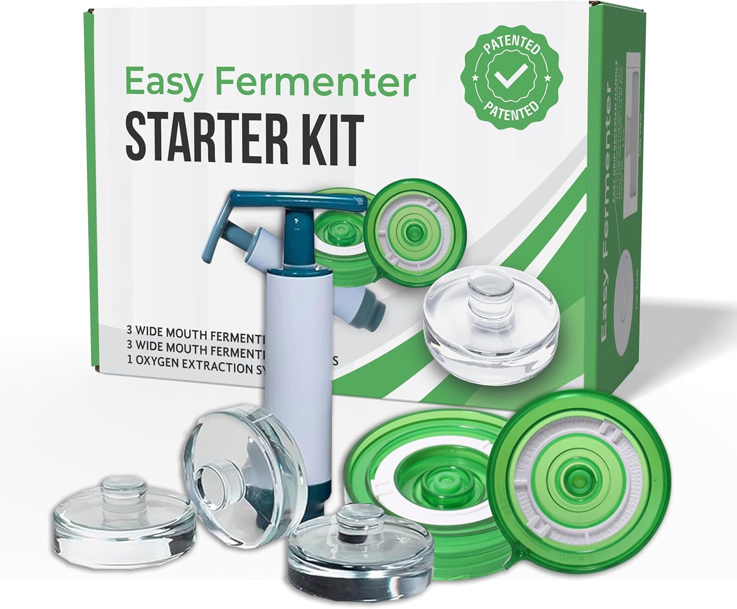 Fermentation Lids Starter Set, Includes 3 Airlock Fermentation Lids and 3 Glass Weights, Sauerkraut Fermenting Kit for Wide Mouth Mason Jar, Pickles, Vegetables, Kimchi kit (Green)