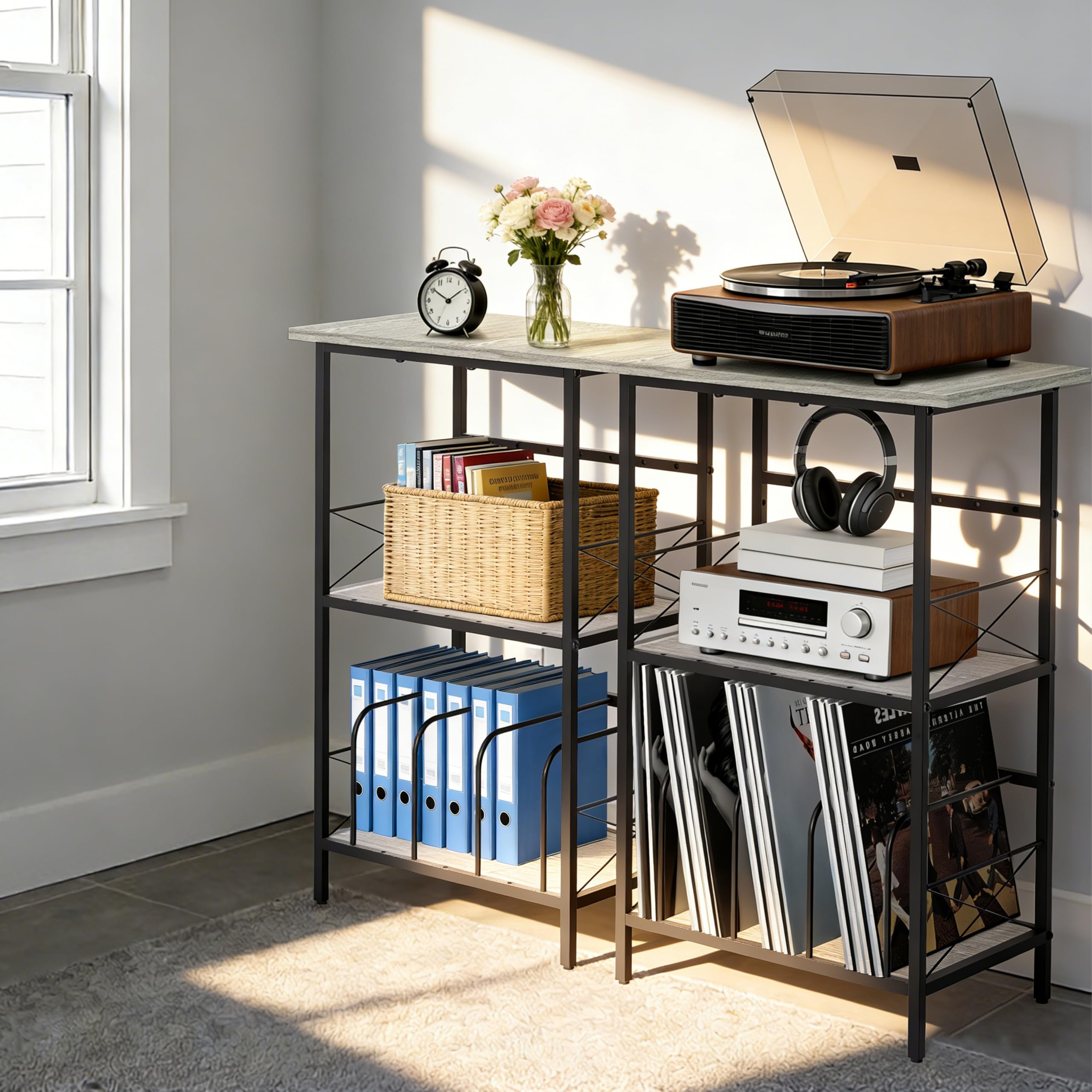Soporte para tocadiscos con 4 separadores ajustables, mesa auxiliar de 3 capas, almacenamiento de discos de vinilo con capacidad para 200 LPs, mesa multifuncional para el hogar, color
