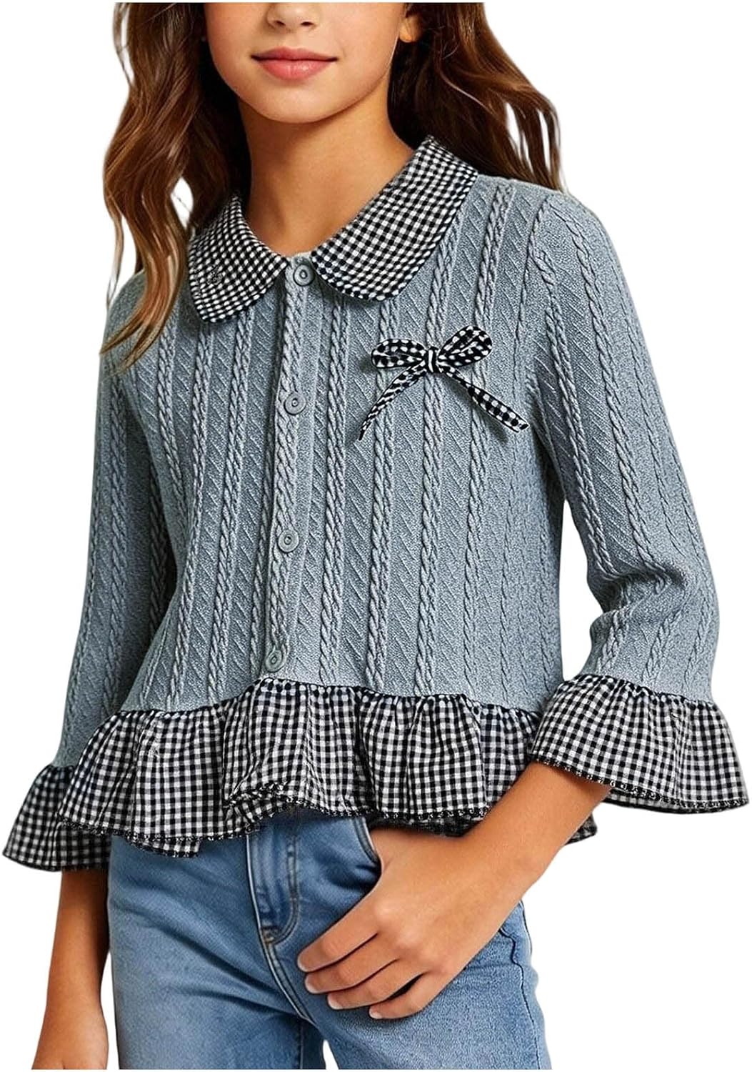 Girls Knit Cardigan Gingham Long Sleeve for School | Cable Knit Button Front Gingham Collar Bow Accent And Ruffle Hem For Photos Parties And Classroom Wear