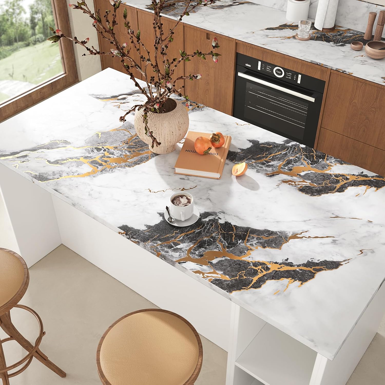 VEELIKE Extra Wide Black and White Marble Contact Paper with Gold Veins 32''x118'' Peel and Stick Countertops Waterproof Self Adhesive Vinyl Countertop Wrap Thick Marble Wallpaper for Kitchen Bathroom