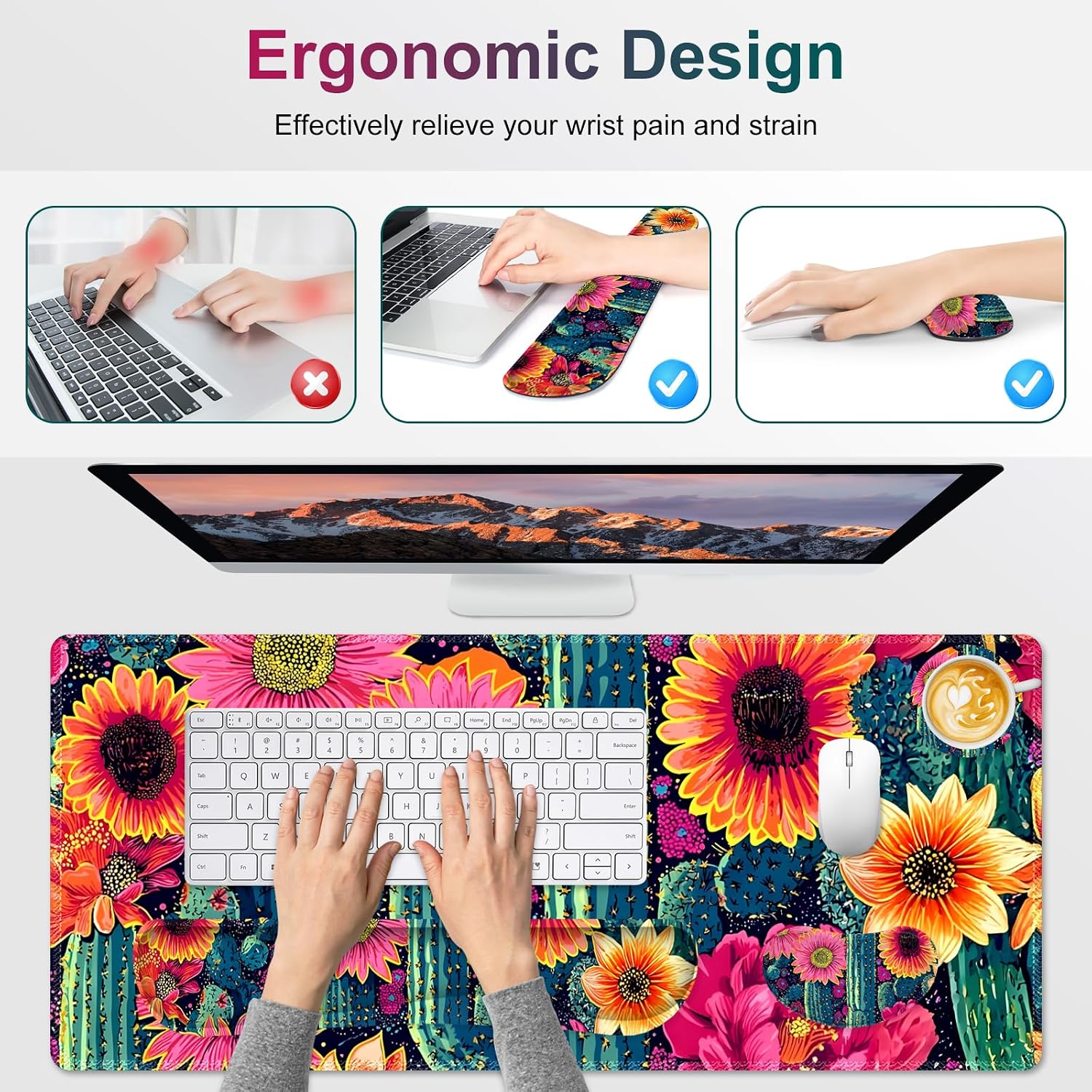 Desk Mat Pad, Gaming Mouse Pad Wrist Support Set, 4 in1 Non-Slip XXL Large Mousepad + Ergonomic Keyboard Wrist Rest+Mouse Wrist Rest+Coaster for Home Office Computer I Vibrant Flower Cactus