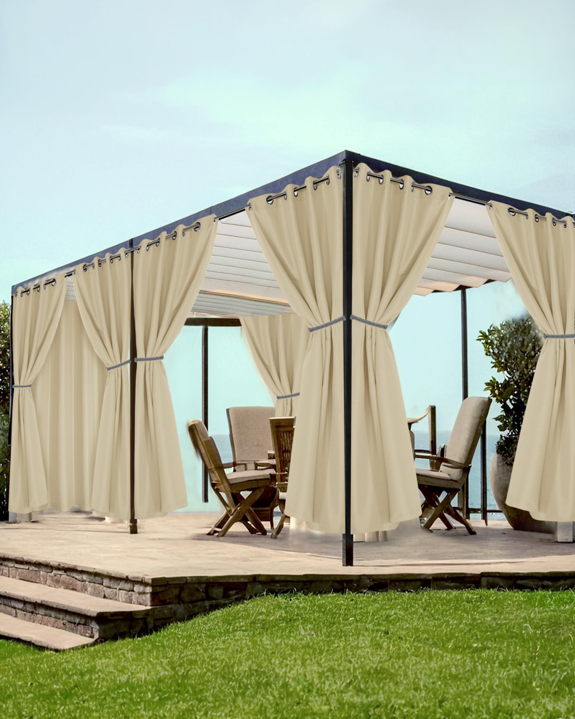HolidayIdeas Grommet Outdoor Curtains for Patio Waterproof 8 Pcs All Weather Balcony Outside Curtains for Apartments, Gazebo, Pergolas, Porch, 54x95 Inch, Cream