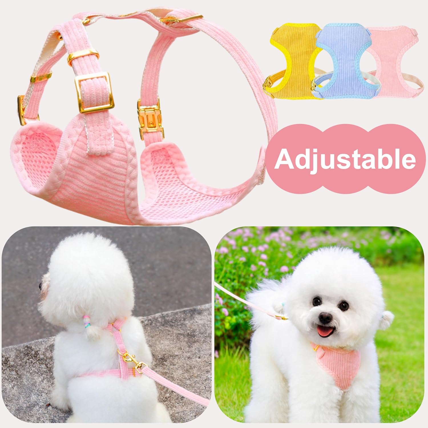 Cute Cat Dog Harness 5FT Leash Set 5Pcs with Poop Bag Adjustable Bow Collar Triangular Scarf Bandanas Breathable Soft Mesh Padded for Small Dogs Walking (Pink, L)