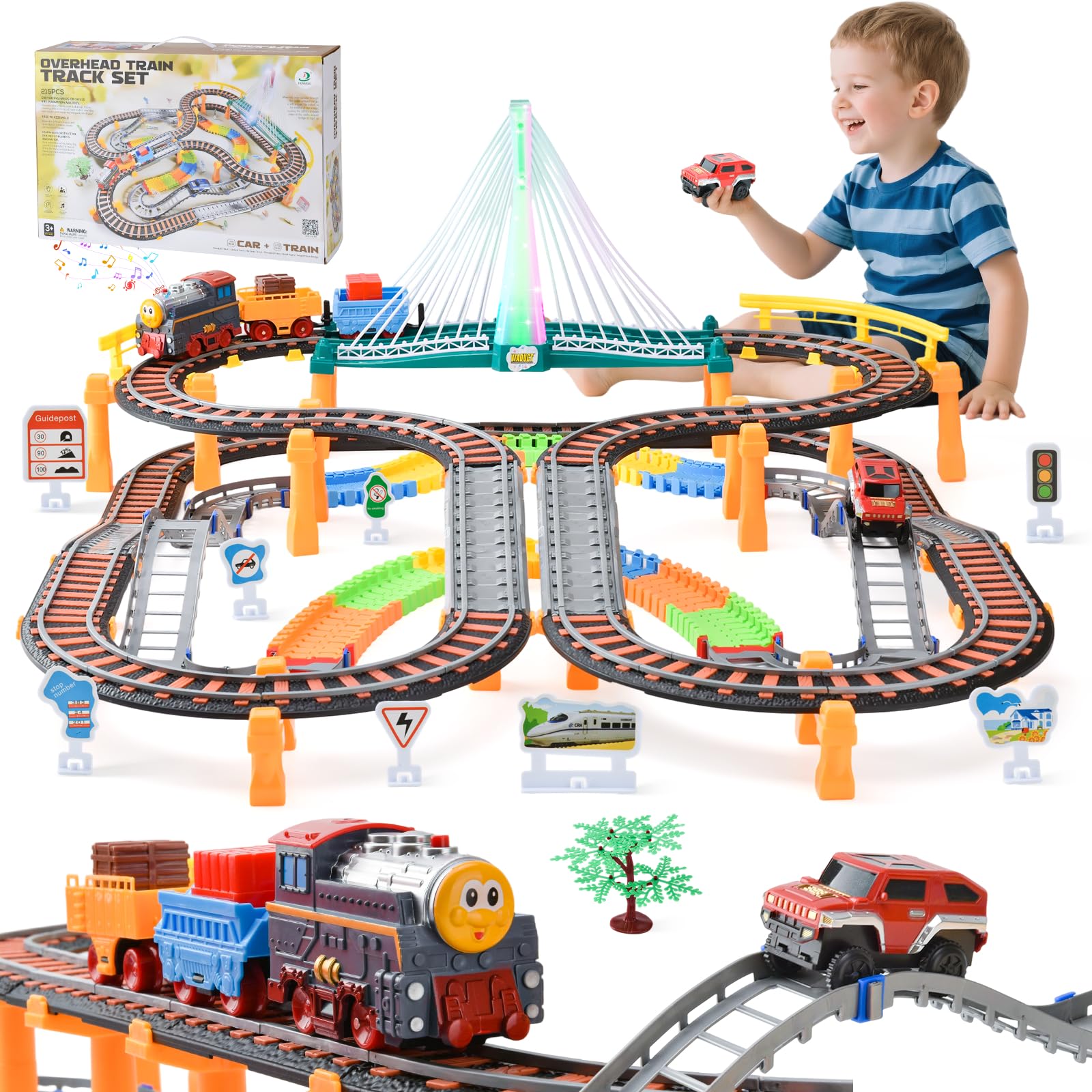 Trenino Elettrico per Bambini, 215 PCS Piste Macchinine per Bambini, Giocattolo Auto Pista Flessibile, Piste per Automobili con Ponte, Regalo Natale Compleanno 3-12 Anni