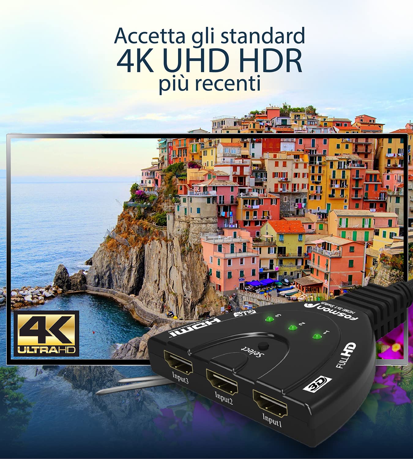 Fosmon Commutateur HDMI Automatiques 4k, 3 Entrées 1 Sortie HDMI Switch - UHD HDR 3D 1080p HDCP, Splitter Switcher Répartiteur Sélecteur Auto pour HDTV Lecteurs DVD Blu ray PS4 Xbox Apple Fire Roku