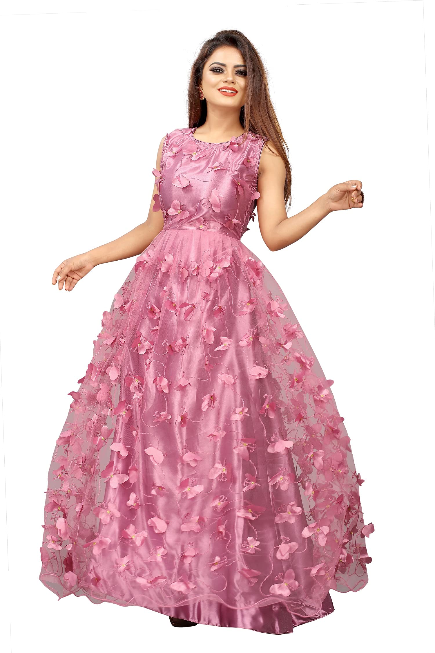 JULEEWomen's Net Embroidered Semi-Stitched Floor Length Anarkali Gown (Pyazi_Free Size) Titli