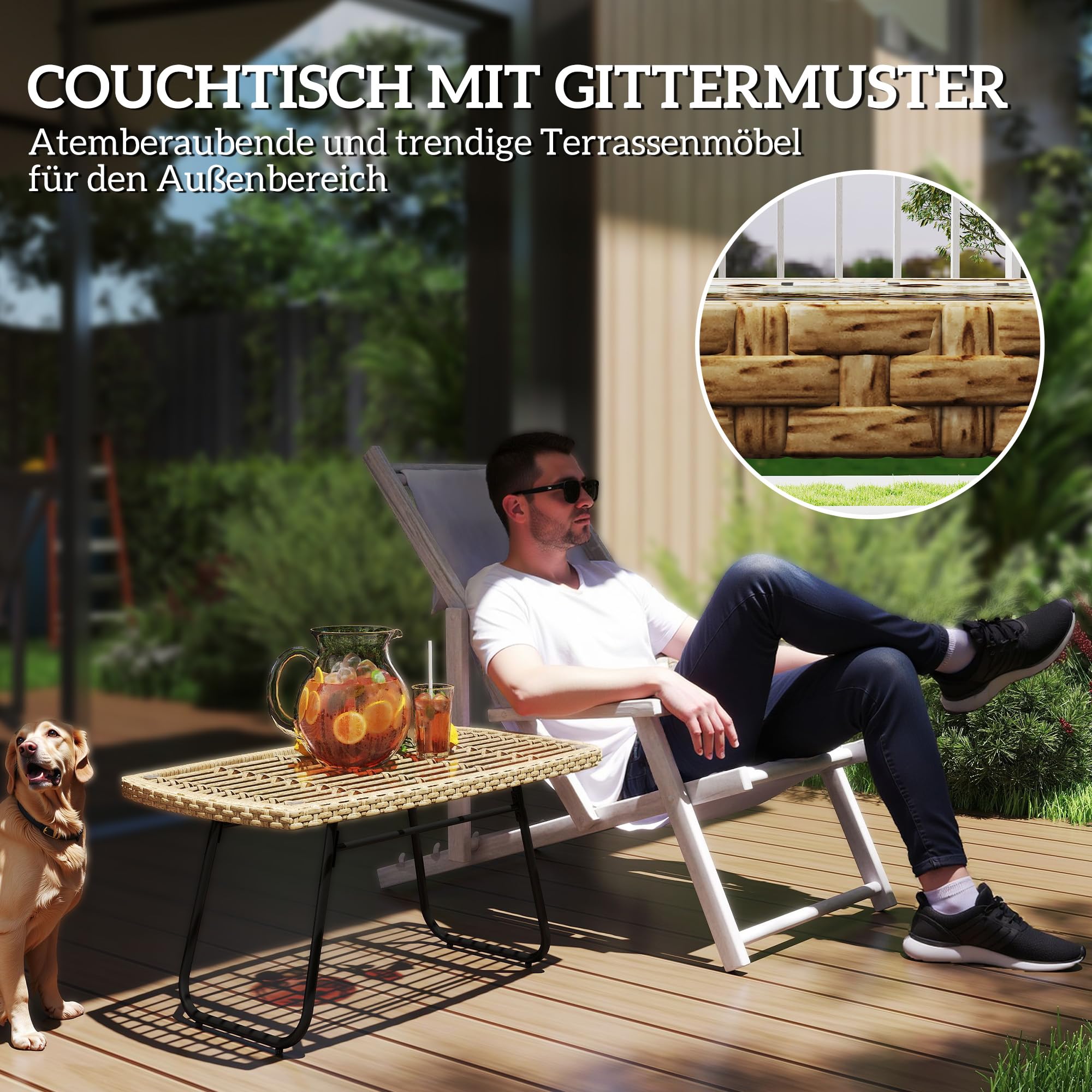 Outsunny Polyrattan Gartentisch 90 x 50 x 45 cm UV-beständig Naturholz | Beistelltisch mit Glasplatte, Rechteckiger Terrassentisch, Balkontisch für Garten, Terrasse, Balkon