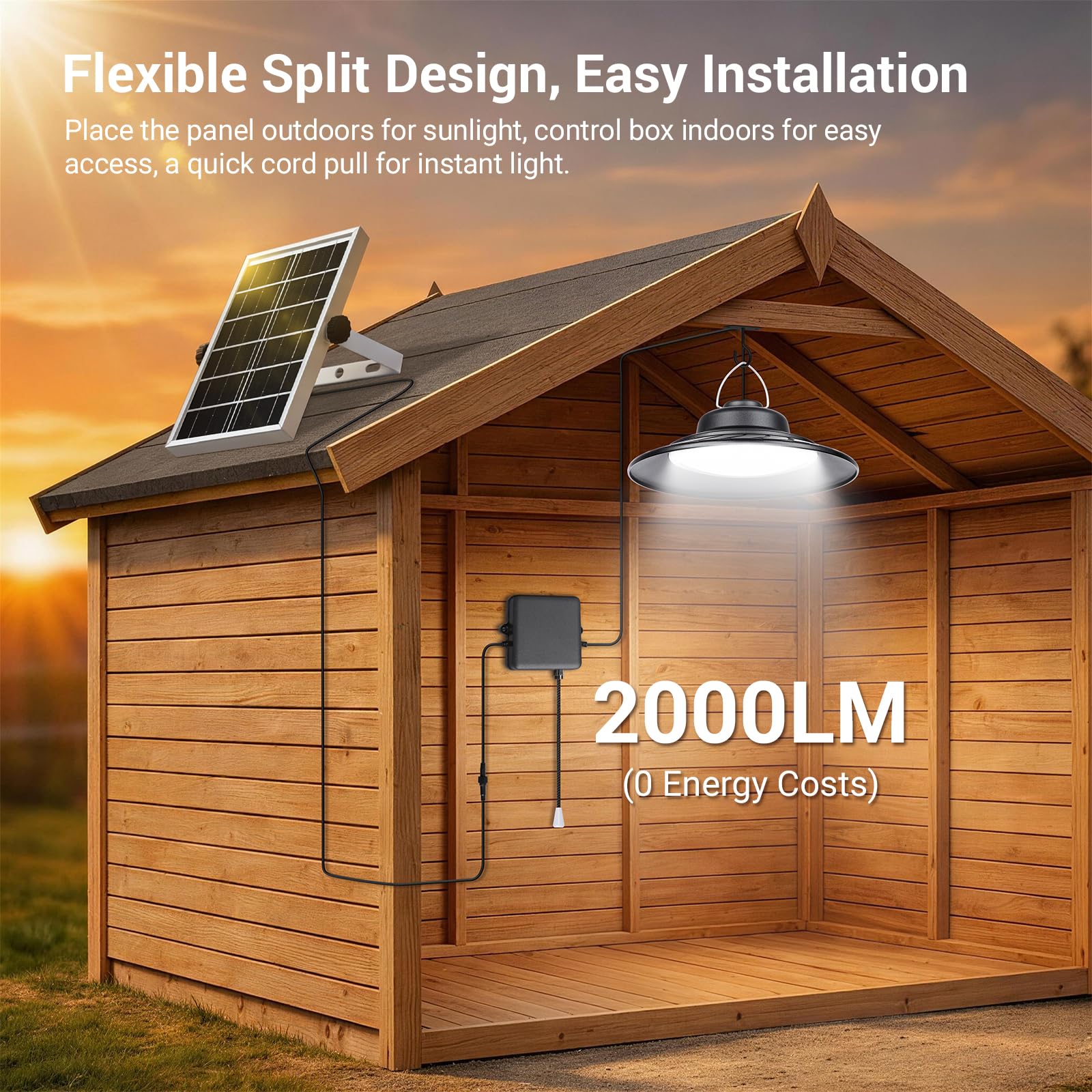 ropelux Lampada solare per capanno da giardino, per interni ed esterni, 2000 lm, luce a sospensione con corda da tirare, 2 modalità di illuminazione, luci solari, impermeabile IP65