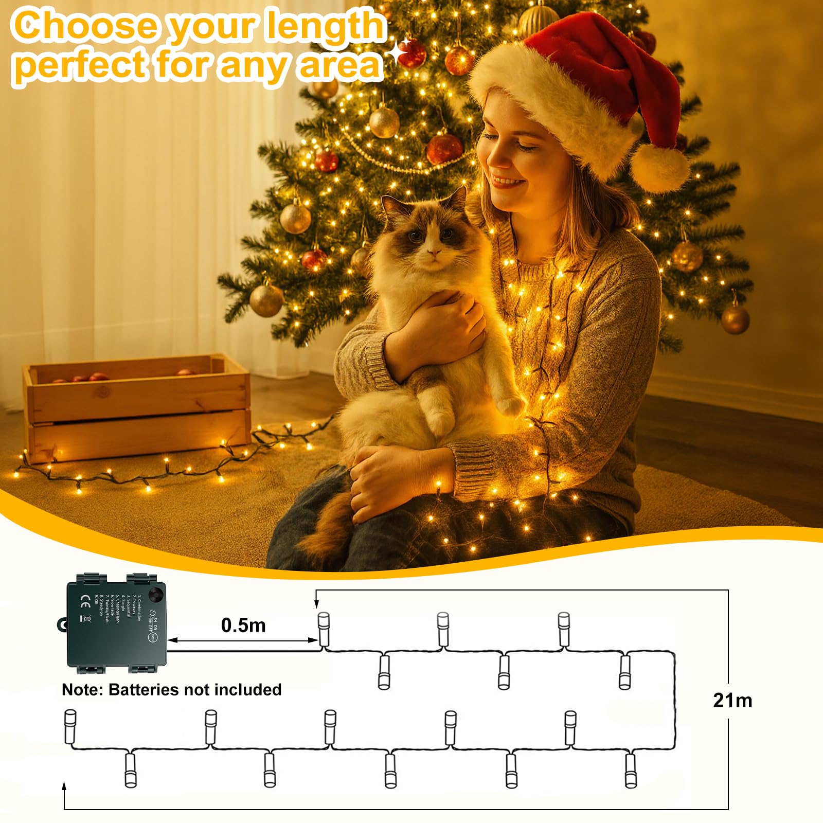 Luci Albero Di Natale a Batteria, 21M 210 LED Stringa Luci Impermeabile con Scatola Batteria Verde Scuro - 8 Modalità, Timer, Bianco Caldo per Interni/Esterni, Festa, Giardino, Natale