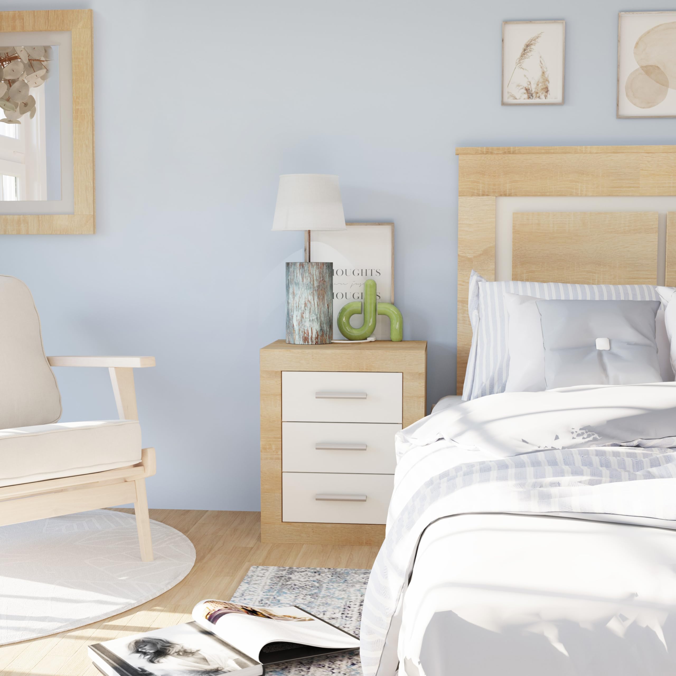 duehome | Conjunto de Dormitorio Kira 4c - Cabecero + 2 Mesitas de Noche + Comoda y Espejo, Acabado en Cambria y Blanco