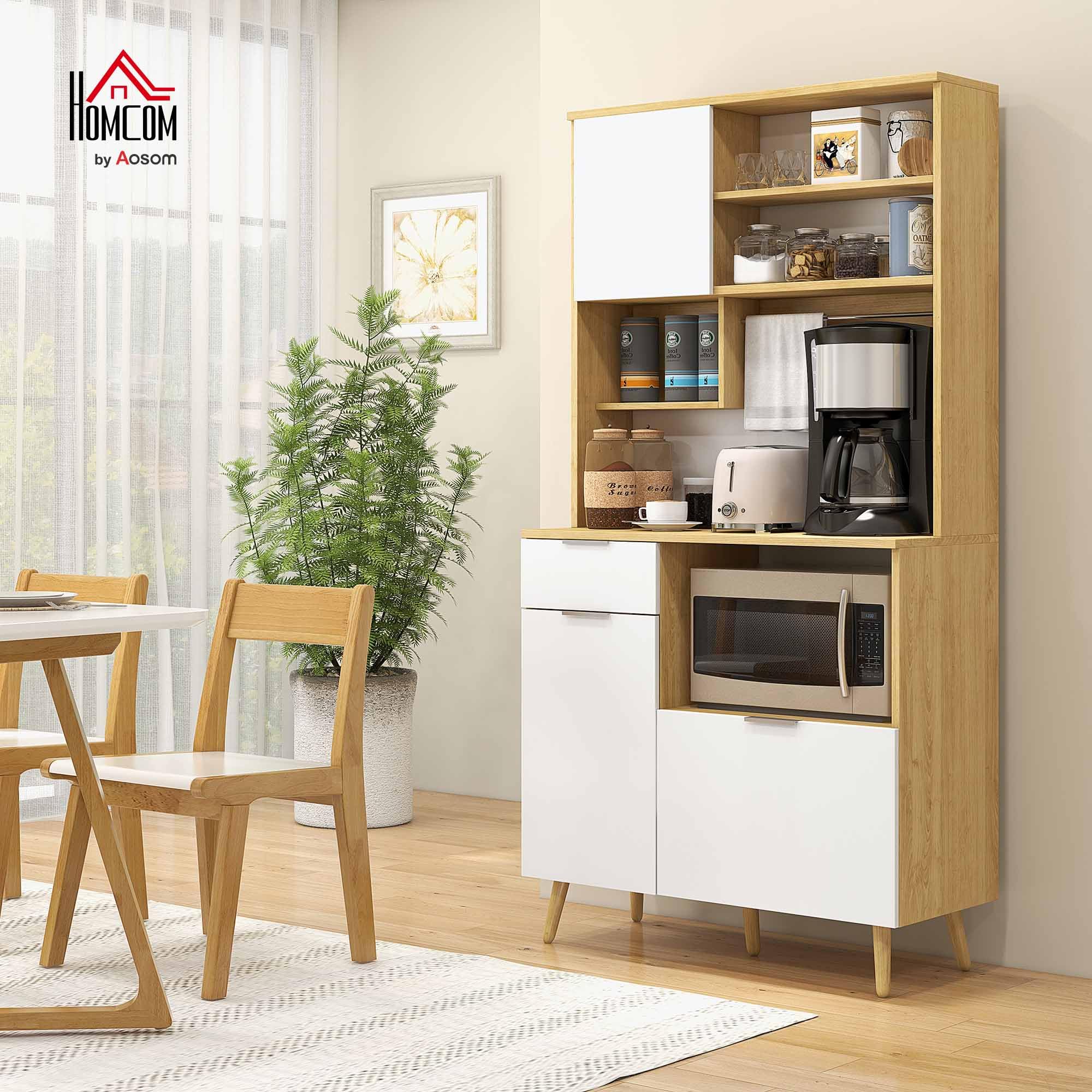 HOMCOM Dispensa da Cucina in Truciolato e Legno di Pino con Armadietti, Cassetti, Ripiani Regolabili e Appendino, 93x40x180 cm, Bianco e Color Legno