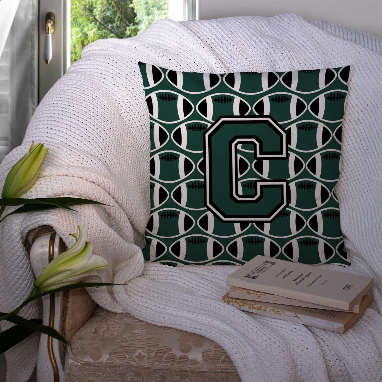 Caroline's Treasures CJ1071-CPW1414 Letter C Football Green and White Fabric Decorative Pillow Machine Washable, Indoor Outdoor Decorative Pillow for Couch, Bed or Patio, 14Hx14W
