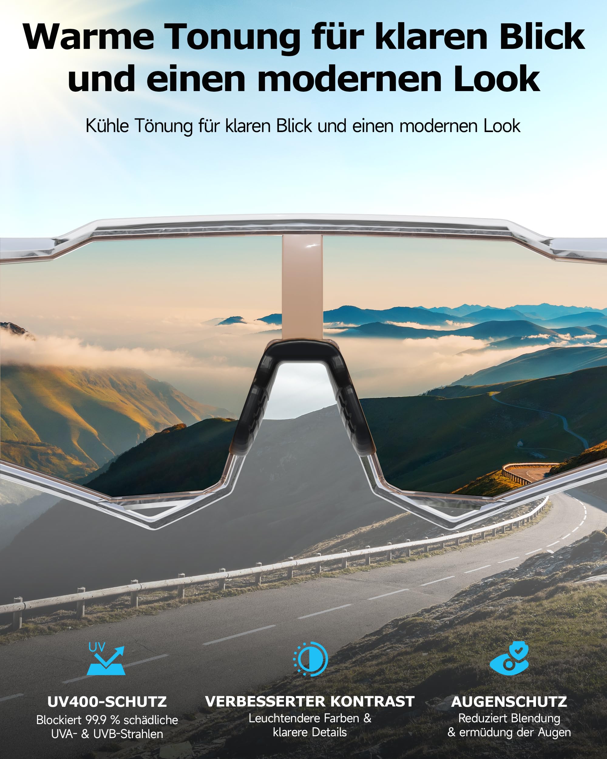 Schnelle Brille Herren, [34G TR-90 Ultraleicht] Fahrradbrille Herren Damen, UV400 Schutz Sportbrille, Voller Rahmenschutz, Verstellbare Nasenpads & Bügel, rennrad brille