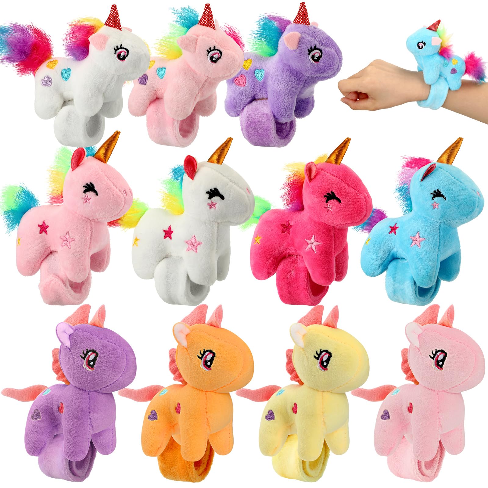 Hollowfly 12 Pcs Unicorn Slap Bracelets Plush Animal Bracelets Bulk 8 Inch Furry Slap Band Stuffed Animals for Boys Girls Unicorn Party Favors Birthday Gifts