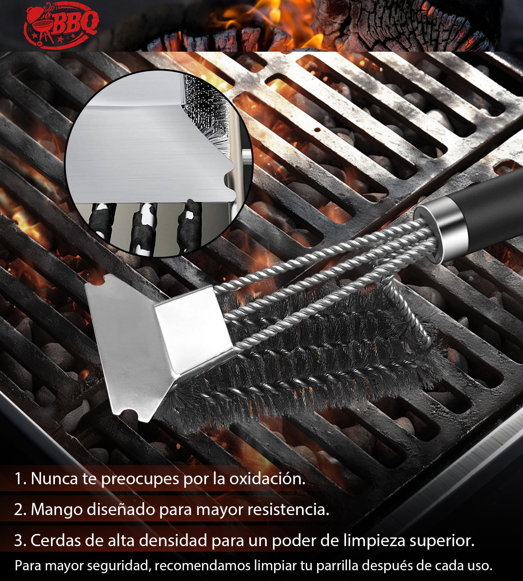 Cepillo de Barbacoa 3 en 1 con Cerdas de Alambre de Acero Inoxidable para Carbón Vegetal y Parrilla Eléctrica al Aire Libre - Jardín, Camping - Cepillo de Limpieza para BBQ