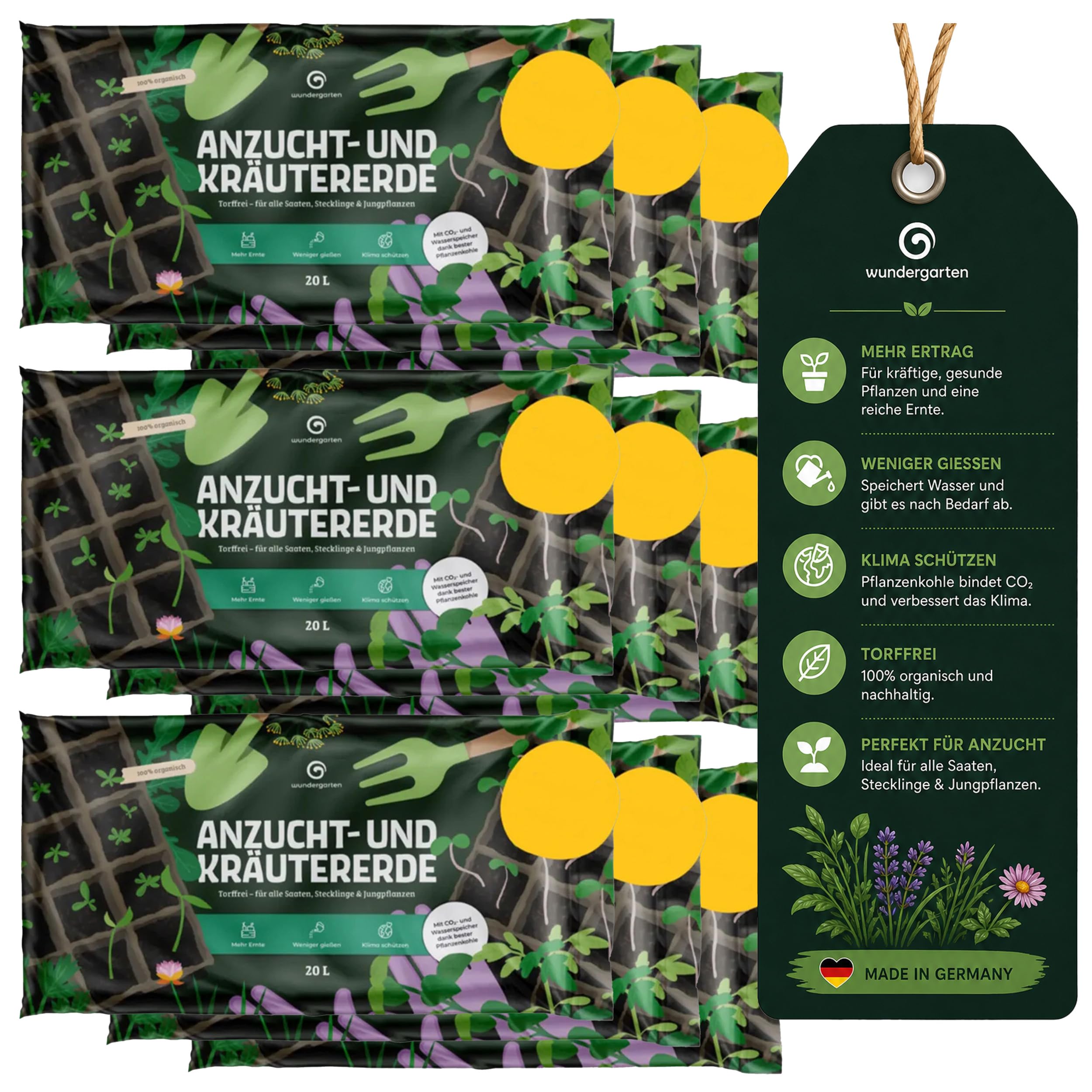 6X 20L Bio Anzuchterde & Kräutererde torffrei – Mit Pflanzenkohle – Wundergarten – Erde für Aussaat, Jungpflanzen & Kräuter – Hohe Keimrate & kräftiges Wachstum