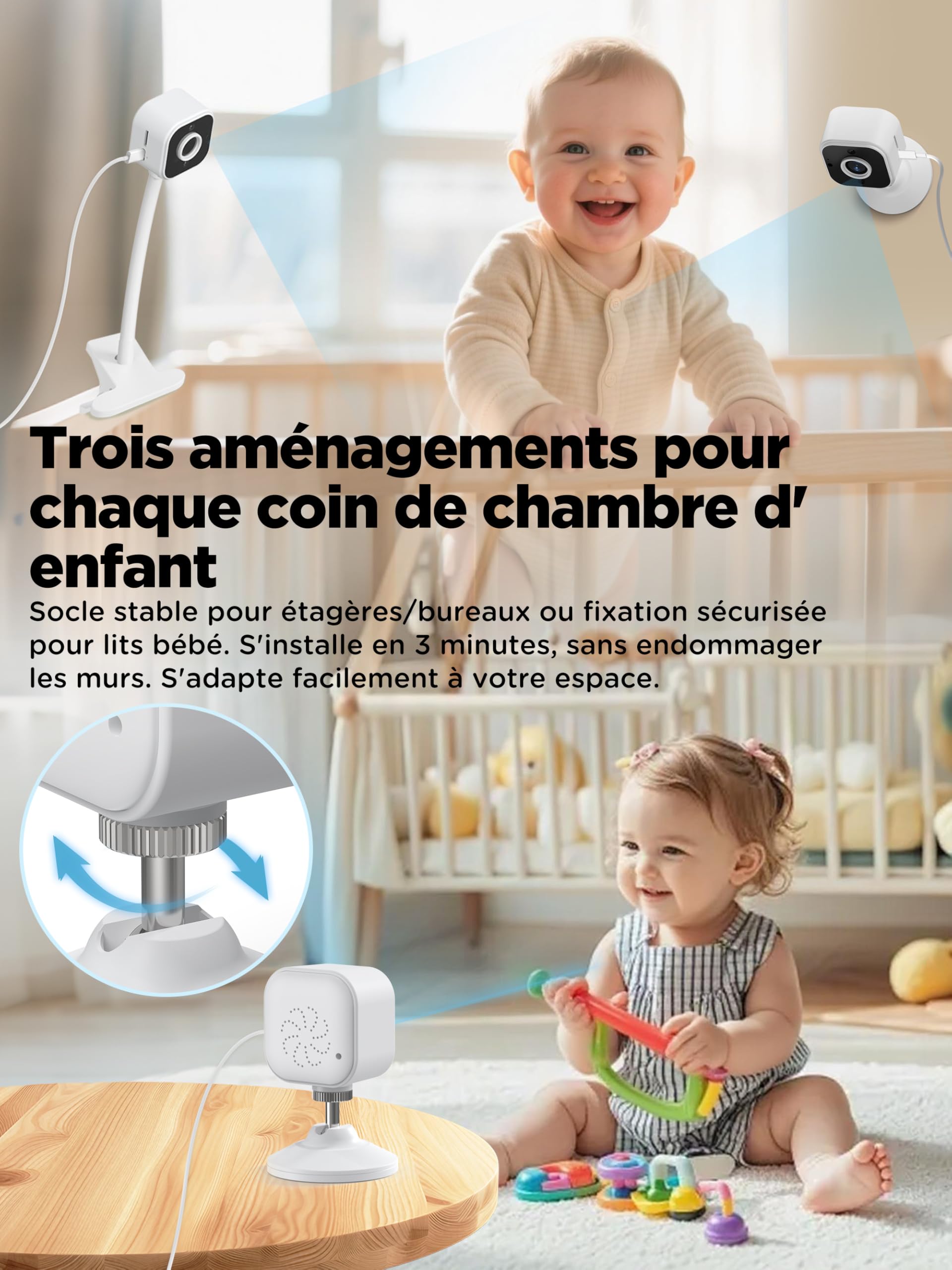 Babyphone Camera sans WiFi, Portable Camera Bebe Surveillance avec Support Lit, Connexion Privée Sécurisée 2,4 GHz, Audio Bidirectionnel, Détection des Pleurs, Vision Nocturne, Zoom 4X, Berceuses