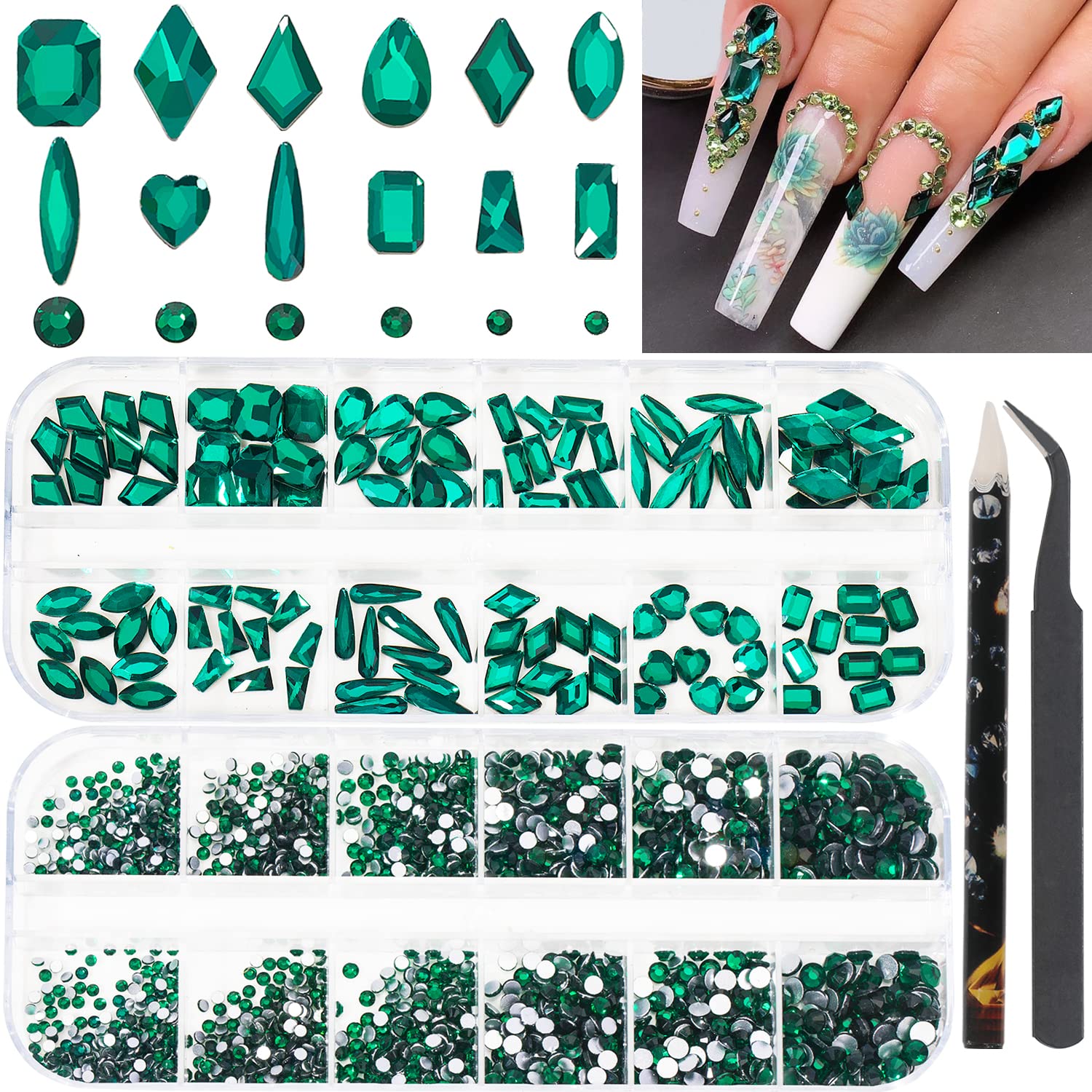 2920 Pieces Nail Art Rhinestones Set Round Flat Back Rhinestones Multi Shape Nail Gemstones Nail Crystals Diamonds Jewelry Rhinestones for Nail Design DIY Crafts Decoration(Dark Green)