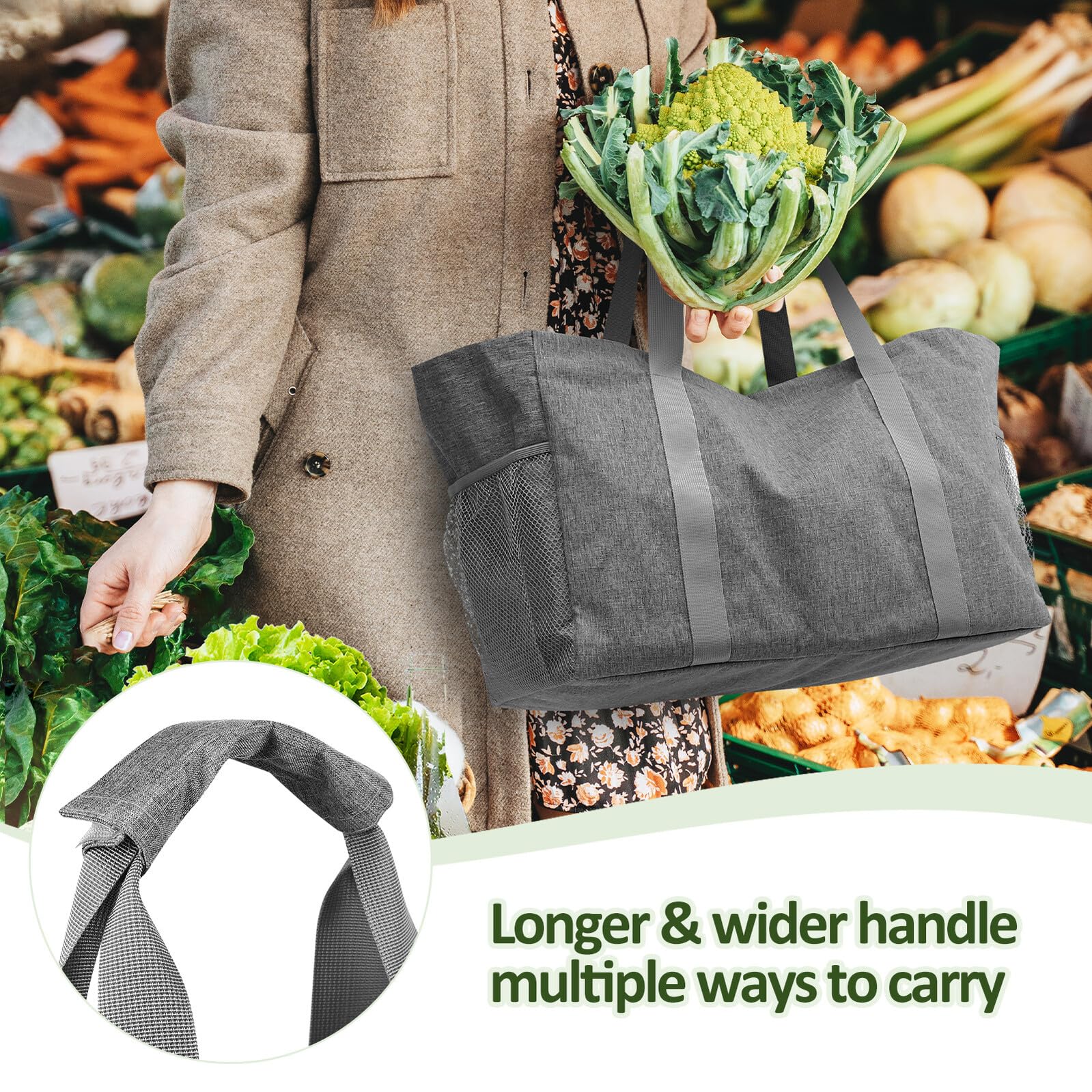 Angoily Bolsa Compra Plegable Gris de Gran Capacidad 455X255X305 CM con Asas Reforzadas y Bolsillos Interiores para Uso Diario Picnic y Viaje