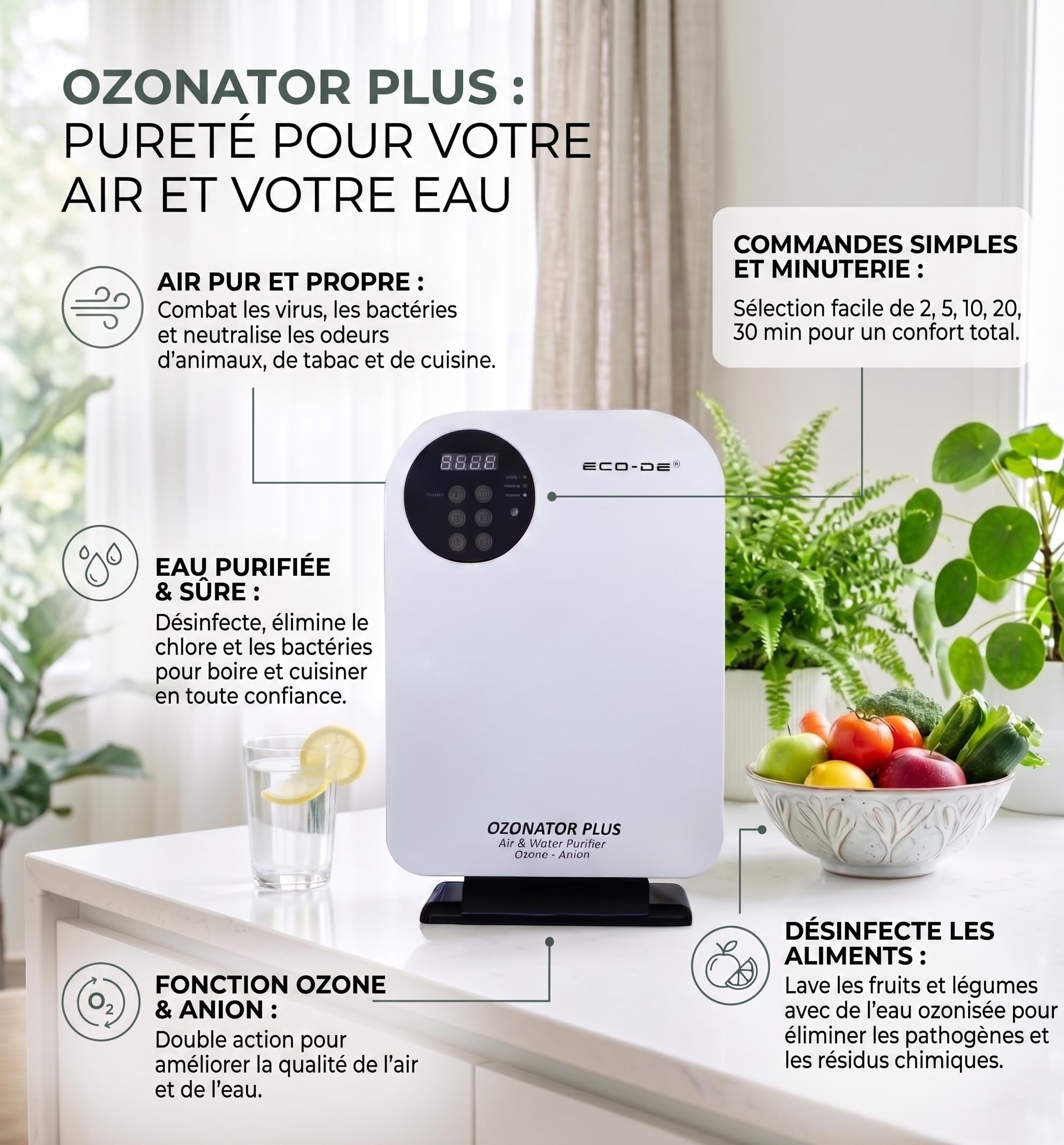 ECODE® Générateur d'ozone Purificateur d'air et d' Eau,Ozonator Plus, Machine à Ozone pour Purification et Élimination des Odeurs, Télécomande, Enlève les Pesticides sur Légumes, Fruits Ozone 500mg/h