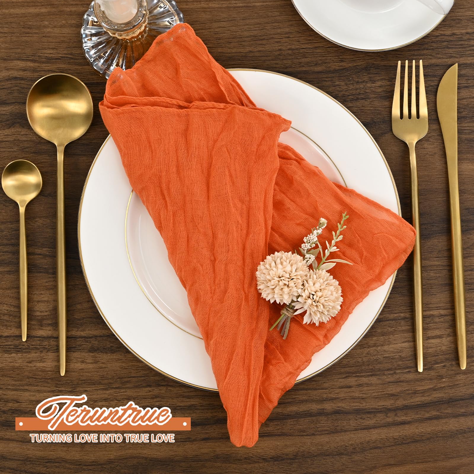 42 Pack Gaze-Käsetuch-Servietten Orange 50 x 50 cm Gebranntes Orange geknitterte Dinner-Servietten, rustikale Boho weiche Stoffservietten für Hochzeit Party Event Tischdekoration