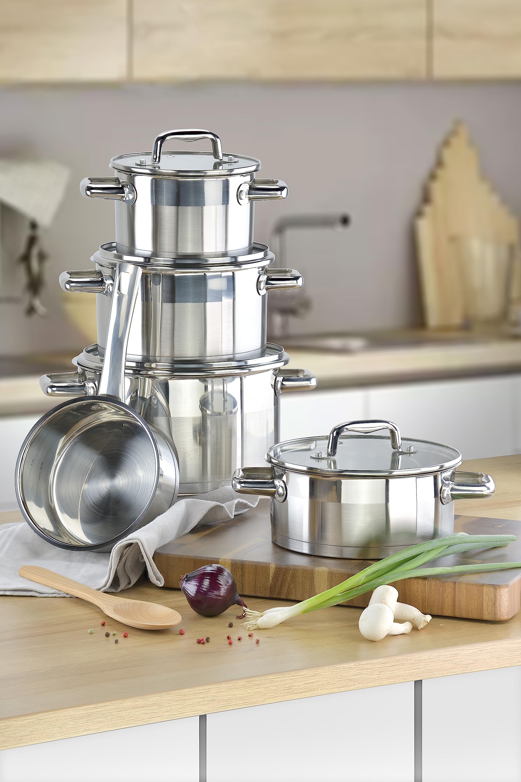 Linnuo Topfset Induktion Kochtopf Set Edelstahl Töpfe mit Glasdeckel für alle Herde inkl Induktionsherd geeignet für Spülmaschine und Backofen hochwertiges Kochset für moderne Küchen (9tlg. Set)