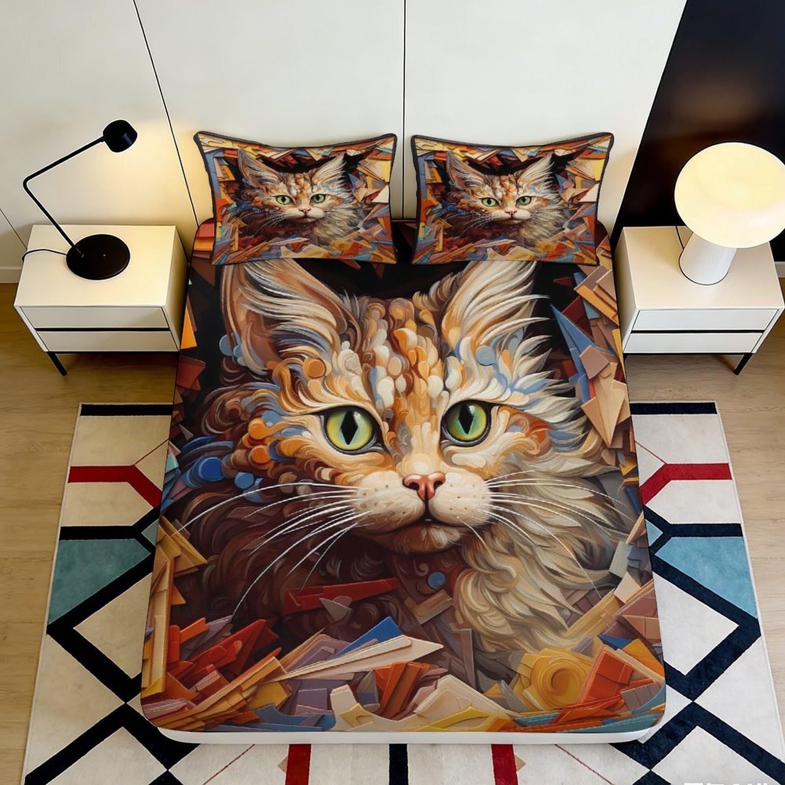 3D Printed Colorful Cat Face Fitted Sheet Microfiber Soft Durable Abstract Cat Artwork Mattress Cover for Bedroom Dormitory Guest Room Protection 200x200x25cm