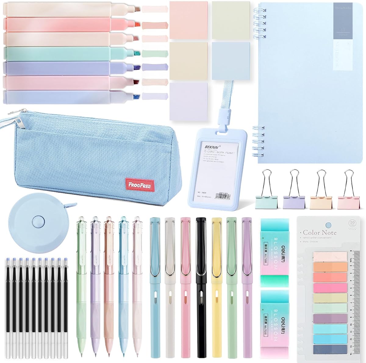 Juego de suministros escolares de color Morandi de 45 piezas con cuaderno, bolígrafos de tinta de gel, estuche para lápices, soporte para tarjetas de identificación, bolígrafos fluorescentes, lápiz, borradores, clip, cinta métrica, núcleo de bolígrafo