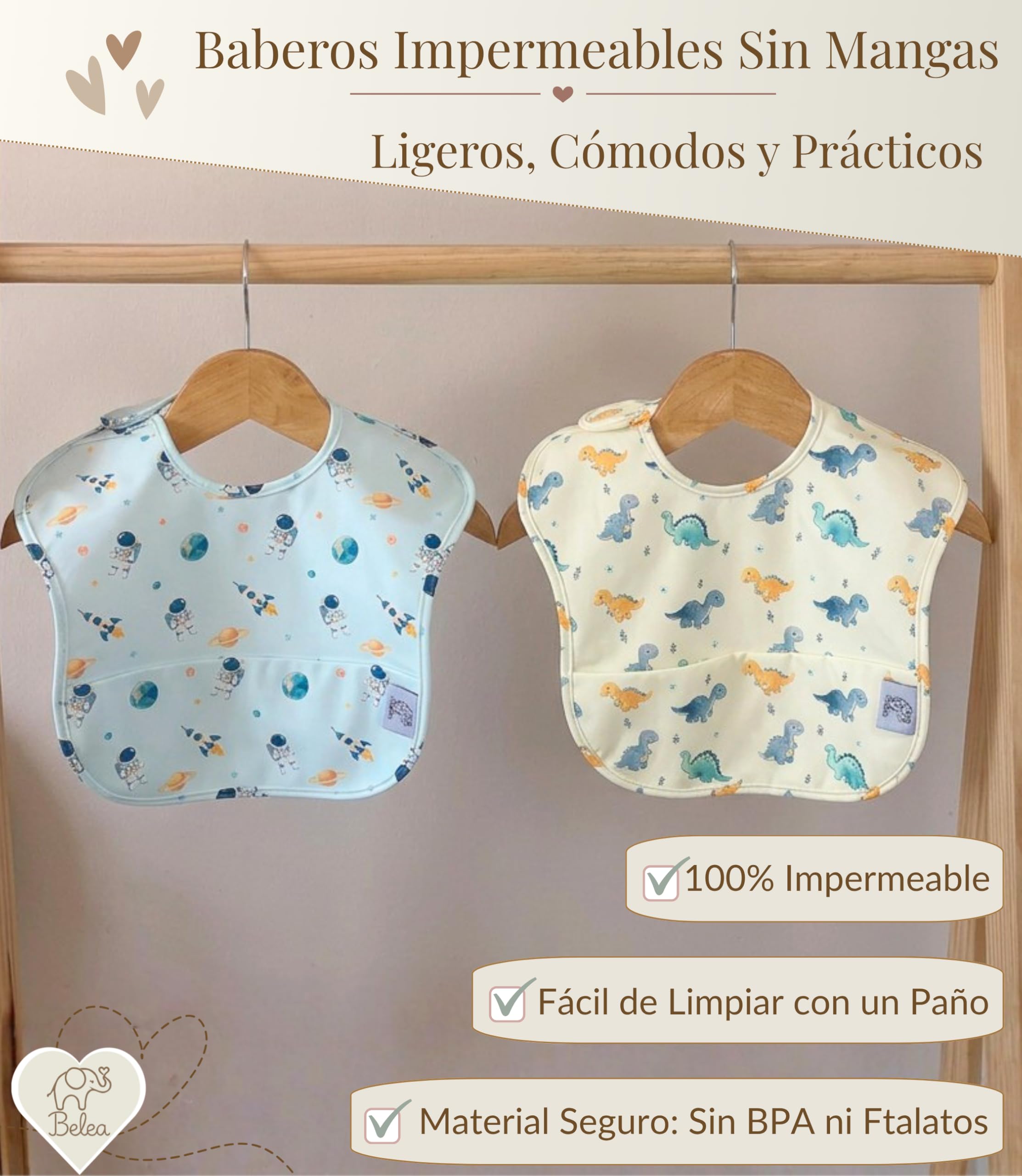 Pack 2 Baberos Bebe Impermeables Sin Mangas BLW 6 Meses a 5 Años Bolsillo Recogemigas Babete Impermeável Babero Infantil Sin BPA Regalo Baby Shower Cumpleaños Bebé - 3
