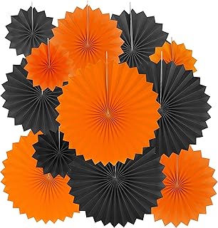 Black Orange Party Hanging Paper Fans Decorations - Halloween Birthday Baby Shower Graduation Wedding Carnival Party Ceiling Hangings Photo Booth Backdrops Decorations, 12pc
