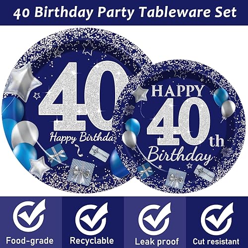 Miniatura 10 de 96 piezas de suministros para fiesta de cumpleaños número 50, platos de cumpleaños azul marino y plateado, vajilla de papel para cumpleaños número