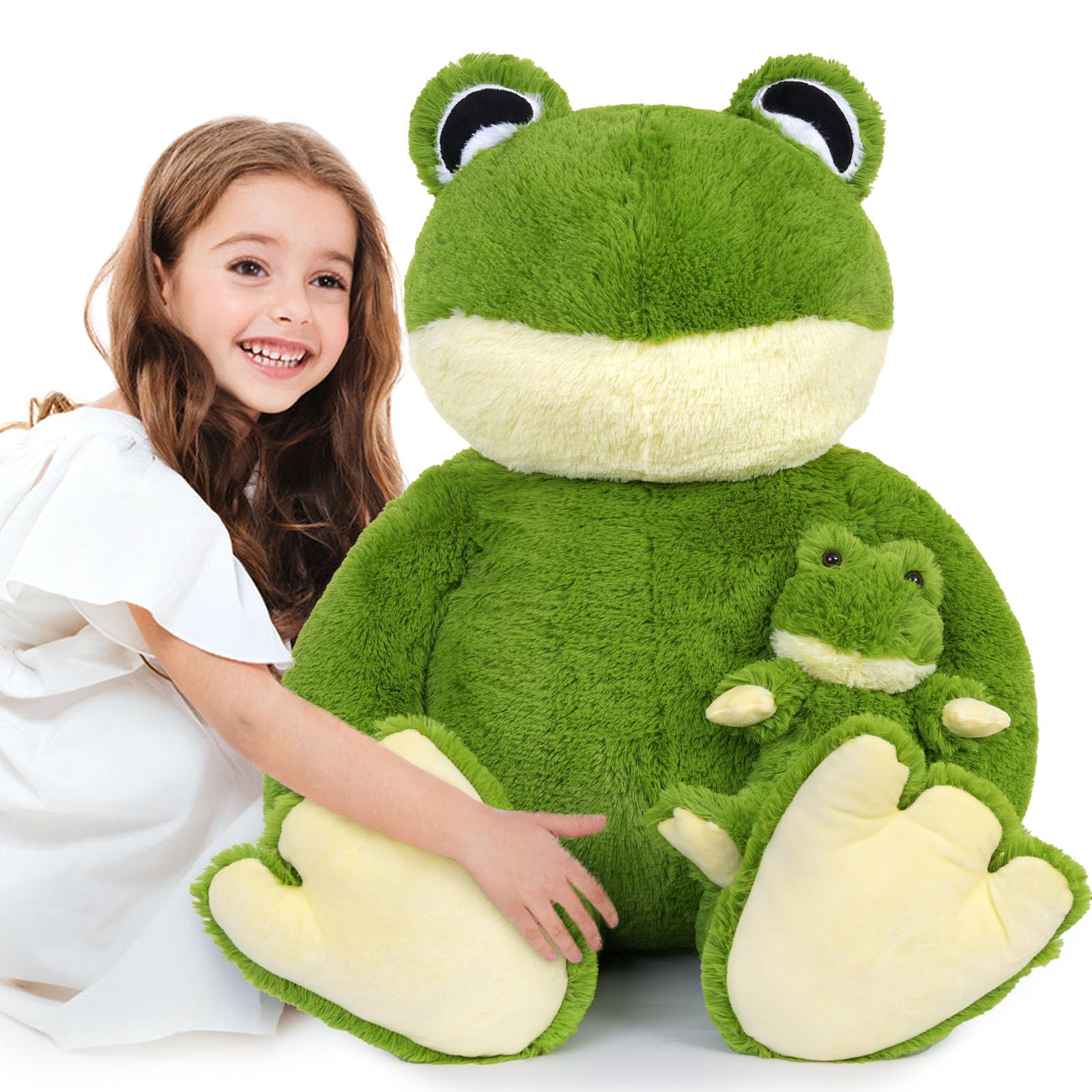MorisMos 100cm Giant Frog Soft Toy, XXL Big Green Frog Teddy with Baby, Kawaii Large Stuffed Animals, Cuddly Fluffy Plush Gift for Kids Girlfriend Birthday