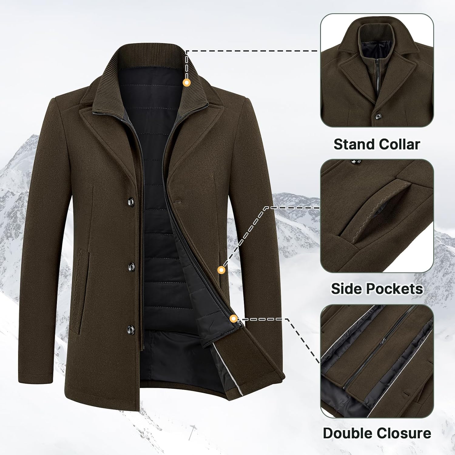 Lamgool Men's Winter Wool Coat with Removable Padded Vest 2-in-1 Winter Warm Casual Peacoat - Image 4