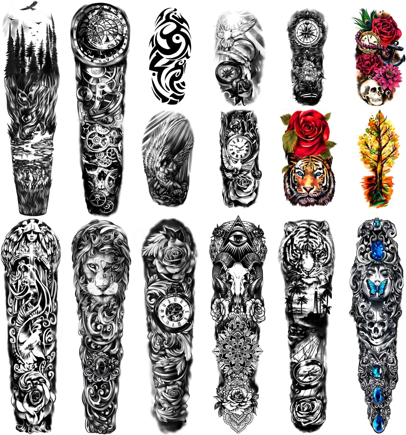 Extra Large waterproof Temporary Tattoos 8 Sheets Full Arm Fake Tattoos and 8 Sheets Half Arm Tattoo Stickers for Men and Women (22.83"X7.1")