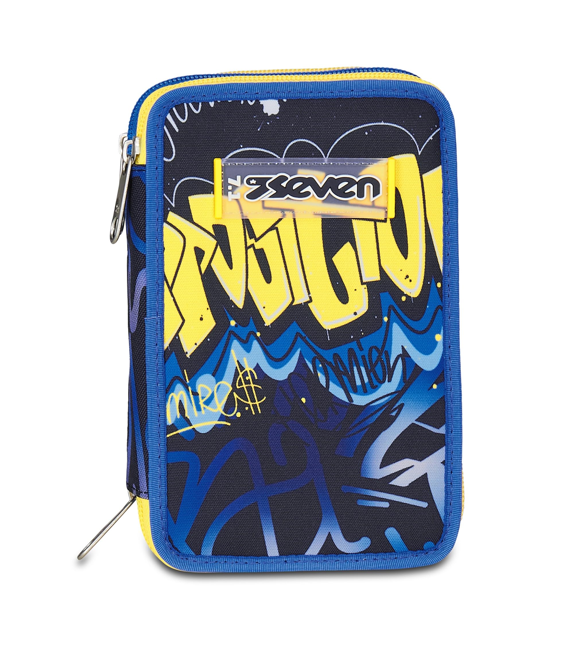 Seven Astuccio Scuola 3 Zip, Blu Giallo, Portapenne Triplo Scomparto Completo Di Penne, Matite, Colori, Accessori Zaino, Scuola Elementare, Bambino