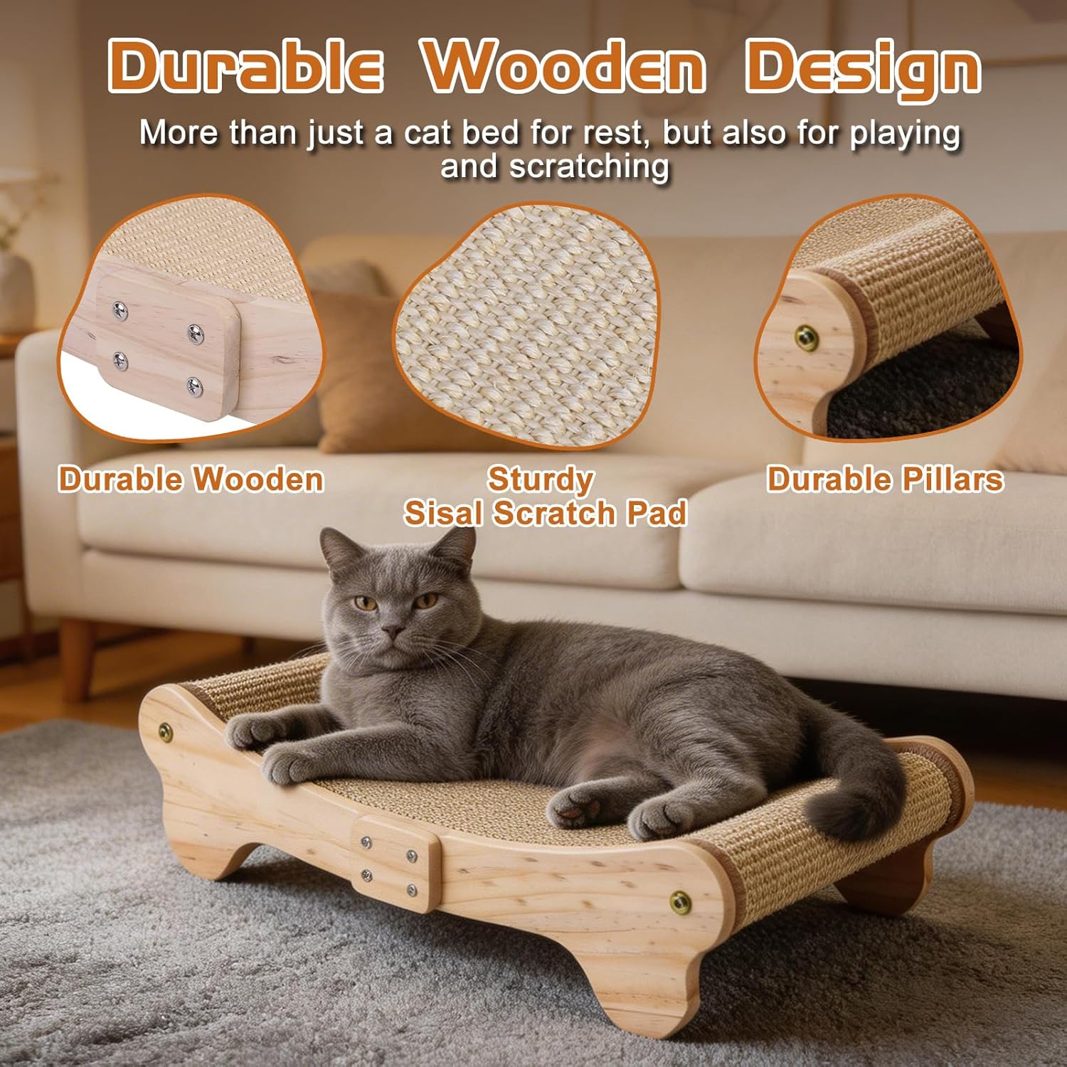 Outamateur Sisal Cat Scratcher Bed, Cat Hammock Chair, Cats Scratcher Lounge, Cats Mini Beach Chair for Scratching, Pet Beds with Removable Sisal Pad for Indoor Small Animal, Puppy, Rabbit