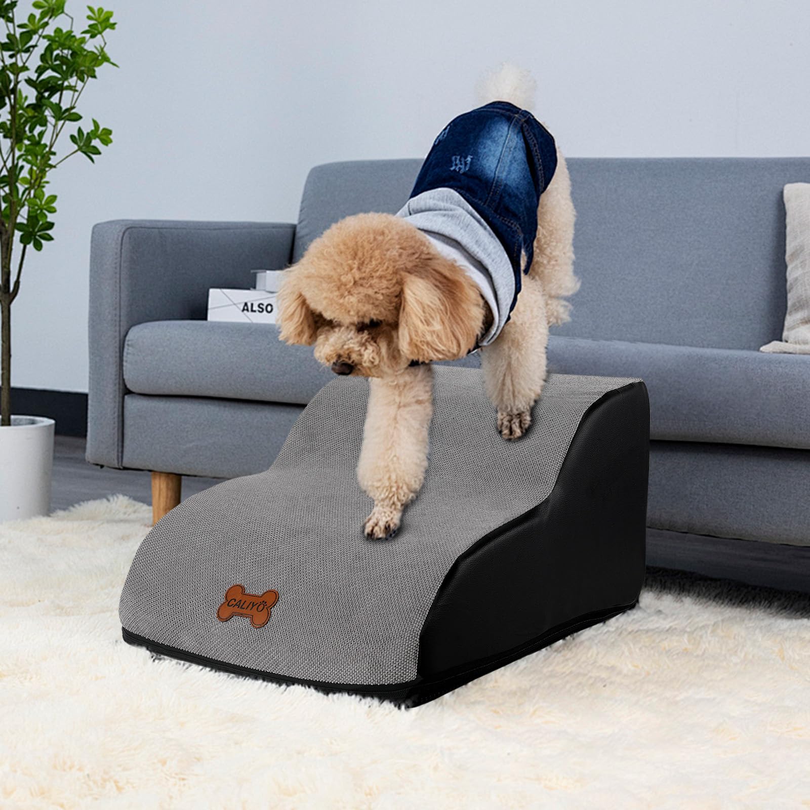 CALIYO Scala per cani a 2 gradini per cani di piccola taglia 26 cm di altezza con fodera lavabile e fondo antiscivolo per letto, divano e auto (55 x 40 x 26 cm)
