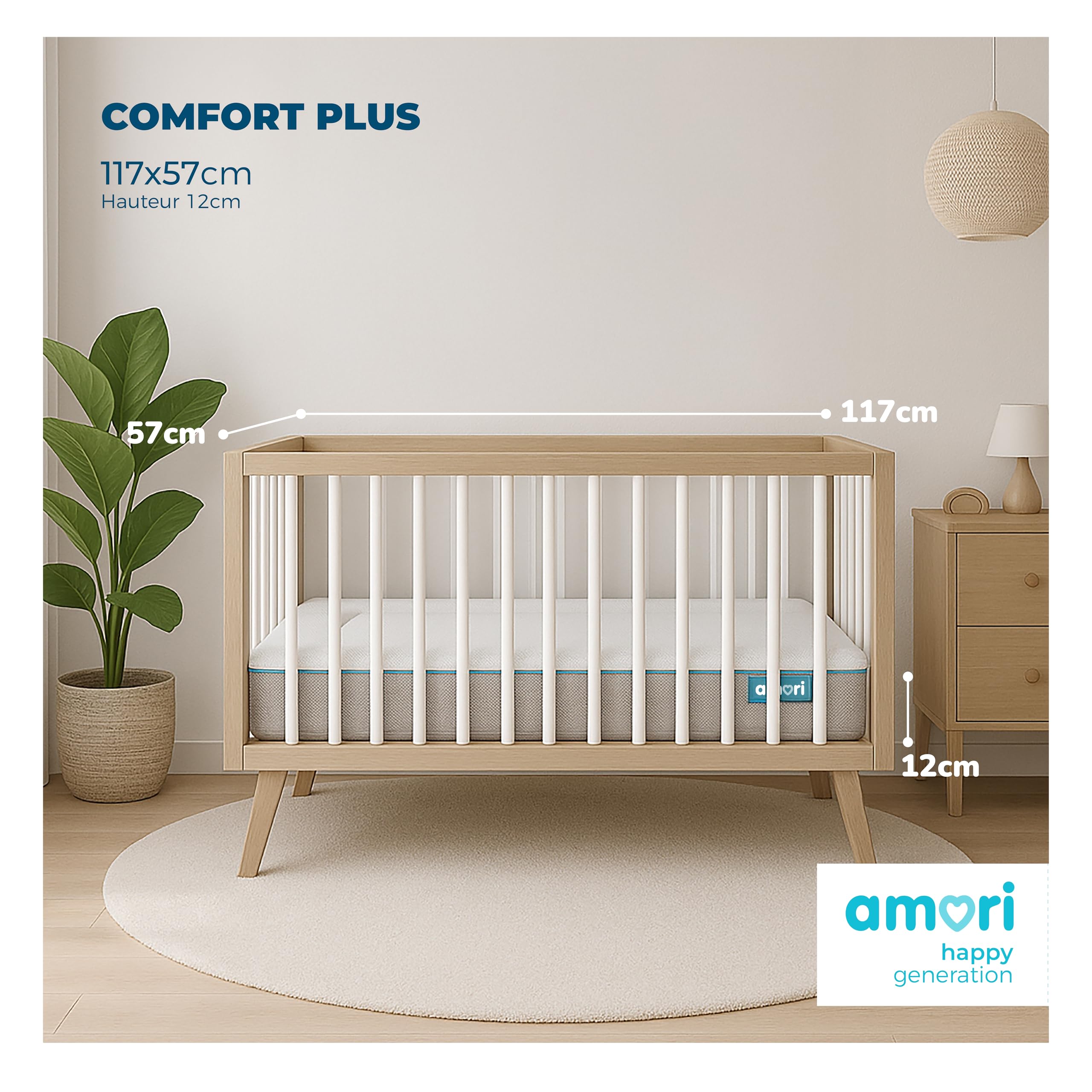 AMORI Matratze für Wiege 117 x 57 cm | Erstickungsschutz | Matratze Doppelseitig Winter - Sommer | Babybett Matratzen Atmungsaktiv und Hypoallergen | Waschbarer Bezug | Öko-Tex | Comfort Plus