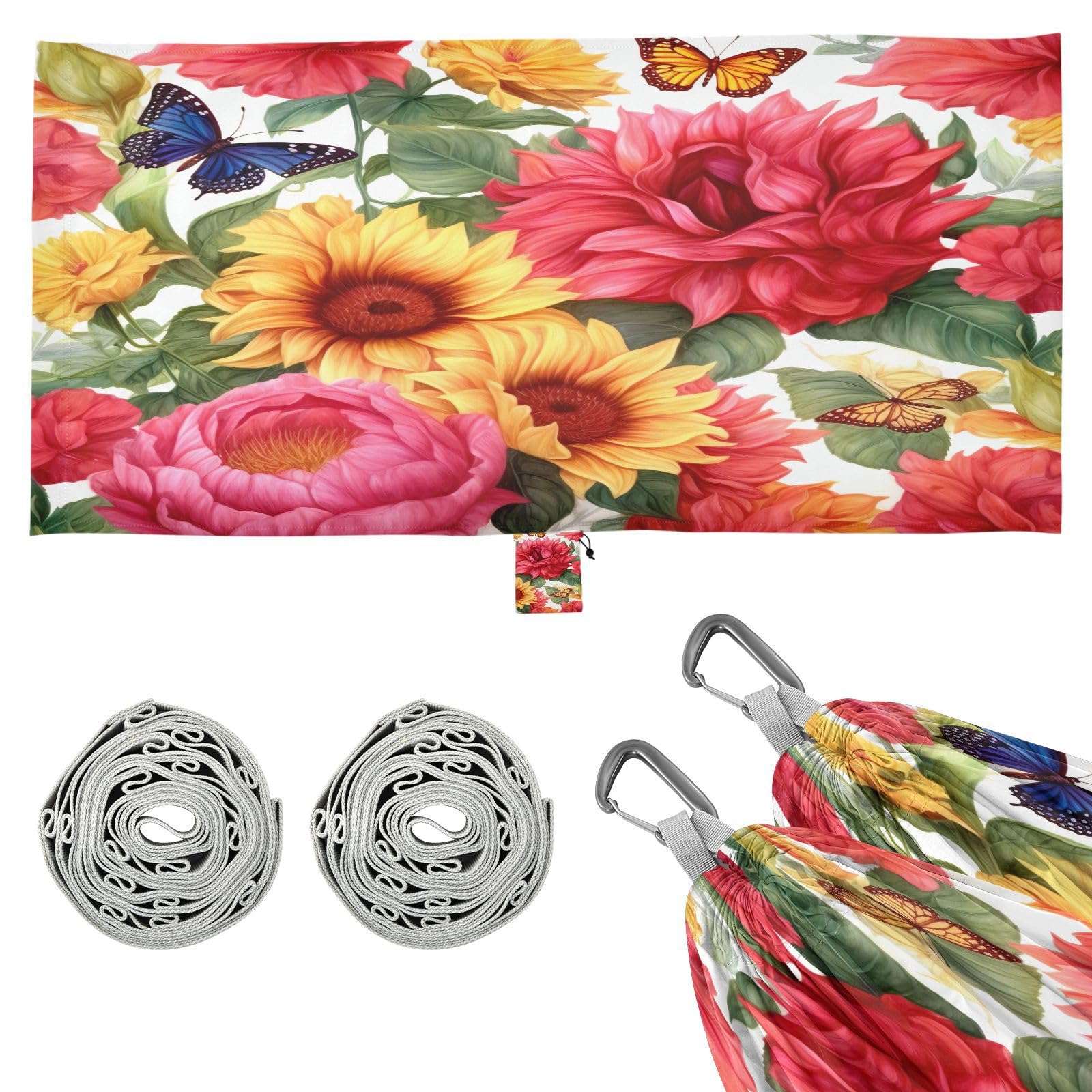 SDMKA Sunflower Butterflies Camping Hammock, 330 lbs with 2 Tree Straps, Carry Bag, Single Portable Hammock for Outdoor/Indoor, Hiking, Beach, Backpacking, Travel