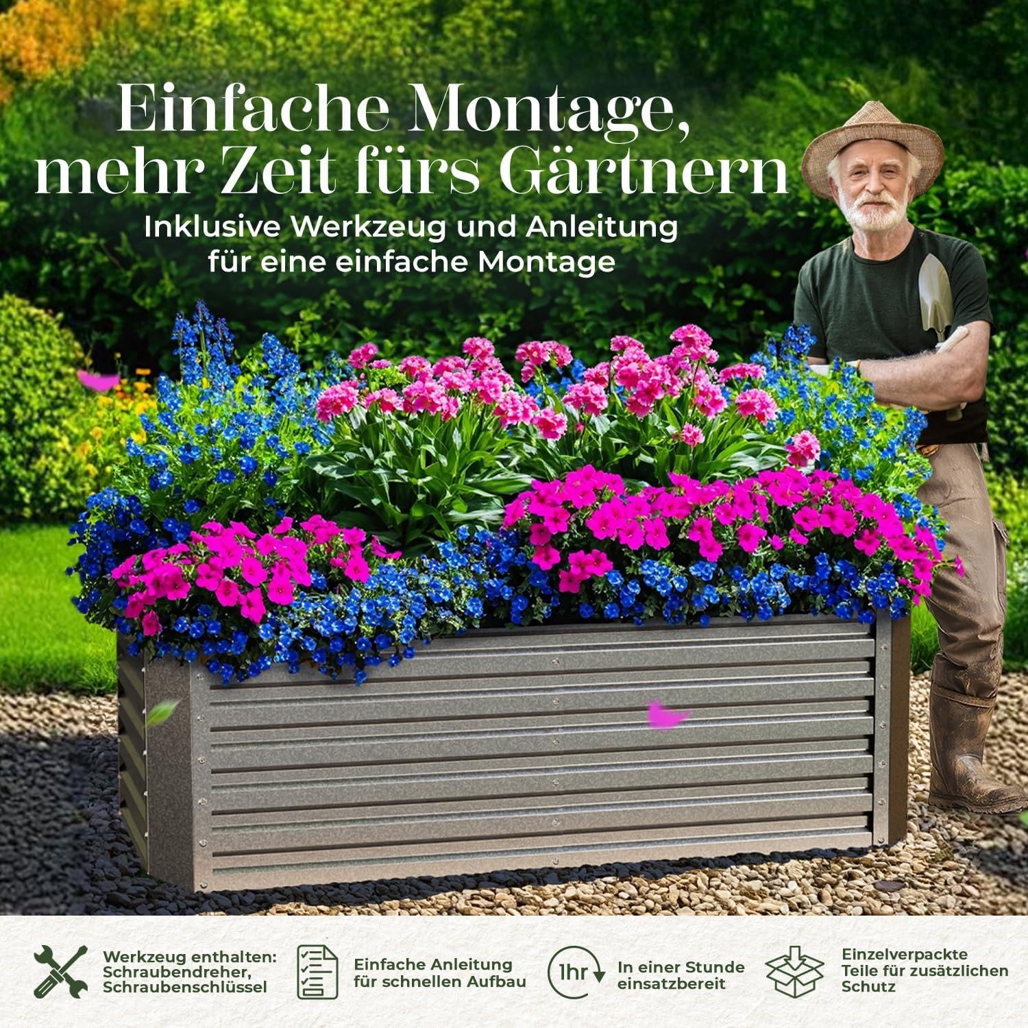 Gabiona | Hochbeet Metall verzinkt 184x90x60 cm – Großes Hochbeet für Garten, Gemüse, Kräuter & Blumen – Wetterfest, rostfrei, stabil – 990 L Volumen – Pflanzkasten rechteckig
