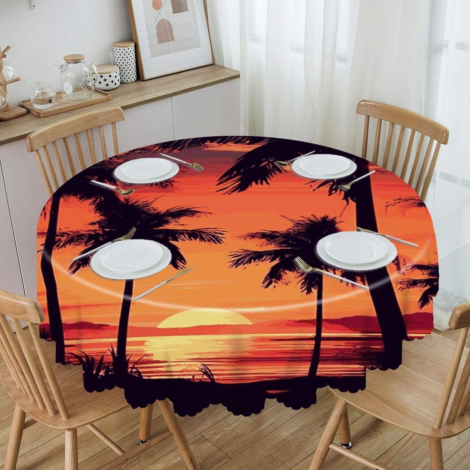 FekiLoot Palm Tree Summer Sunset Round Tablecloths 60 Inch Resistant Washable Polyester Table Cloth Style Decorative Circle Fabric Table Cover for Dining Kitchen Party Farmhouse Outdoor
